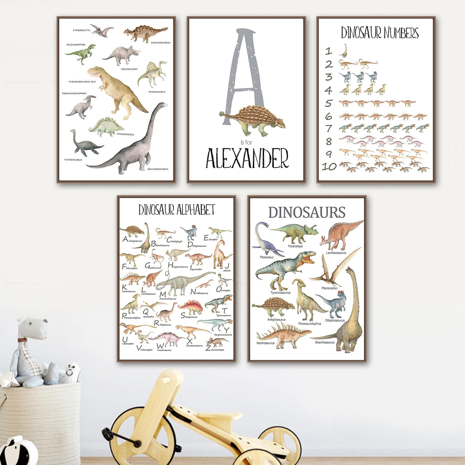 Set 4 Poster Educativi Per Cameretta - Dinosauri, ABC E Numeri Da 1 A 10 - Stampe 20x25 Cm