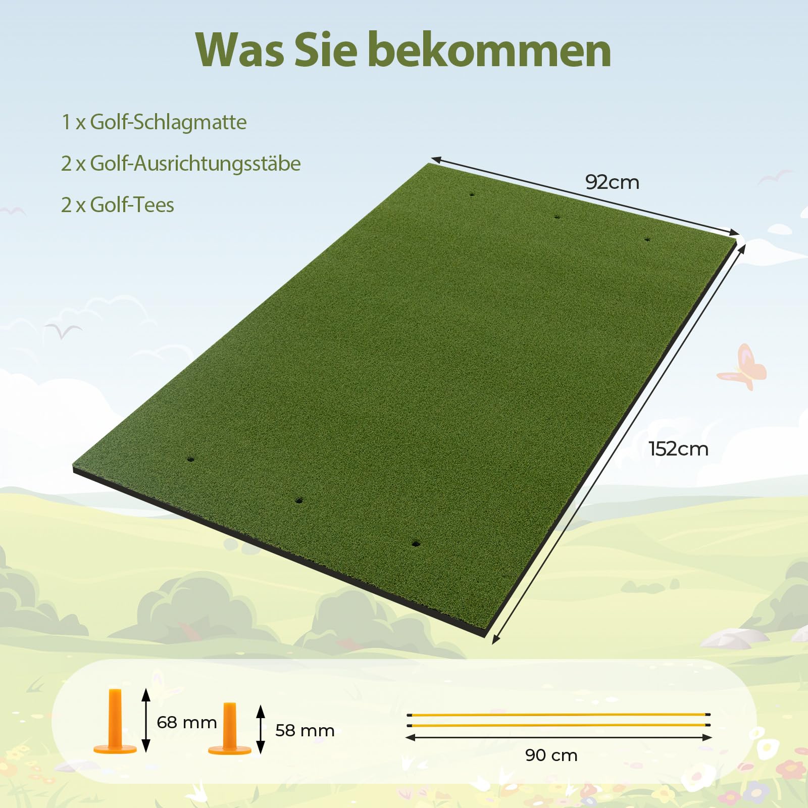 GYMAX Golf Abschlagmatte, Golf Übungsmatte mit 2 Gummi-Tees, 2 Ausrichtungsstäben & 6 Abschlagpositionen, Golf-Schlagmatte für Schwung-Training, Golfmatte für Indoor & Outdoor, 152 x 92 x 2 cm
