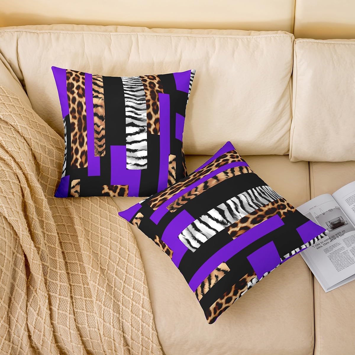 Feelyou Leopard Reversible Throw Pillow Covers for Kids Boys Girls Cheetah Purple Black Pillow Covers Home Decor 22 x 22-Inch Animal Fur Print Square Cushion Covers Set of 2 Decor Safari Zebra