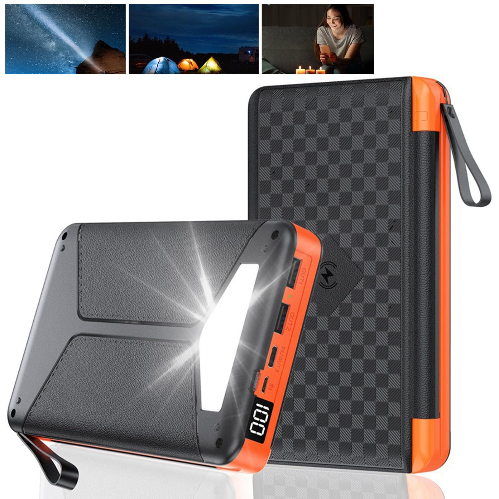 Akozon Caricabatterie Solare per Telefono da 10000 MAh con 3 Pannelli Pieghevoli Luce da Campeggio PD Caricabatteria Portatile a Ricarica Rapida per Router CCTV Telecamera di Emergenza
