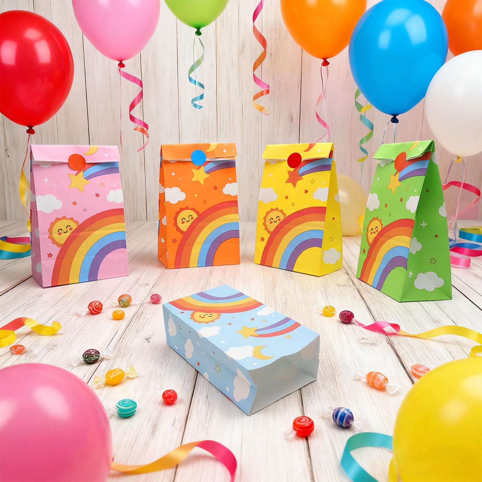 TAIHOBO 50 Sacchetti Regalo Compleanno Bambini A Pois + 60 Adesivi - 24x13x8 Cm, In Carta Kraft, Per Bomboniere E Feste