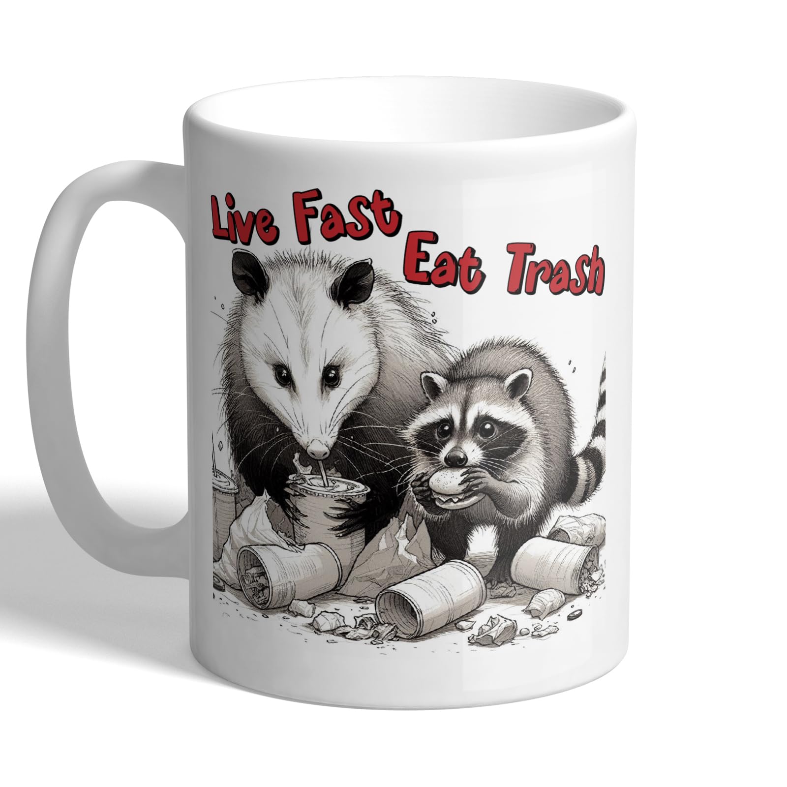 I Love Mugs - Live Fast - Eat Trash - Opossum and Raccoon - Cute Trash Panda Mug, Ceramic, 11fl.oz.
