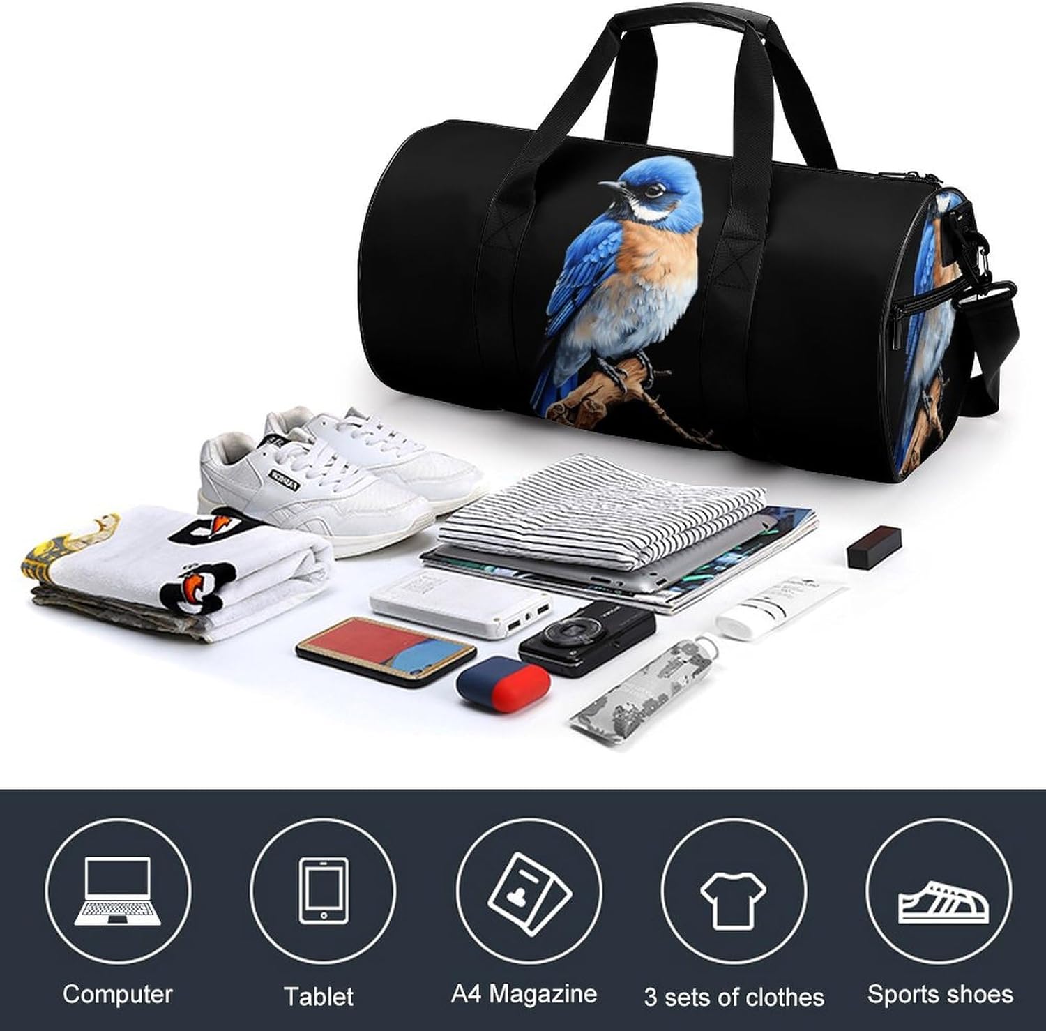 Cute Bird Blue Jay Gym Sport Bag Travel Duffle Backpack Weekender Overnight with Shoes Compartment for Women Men