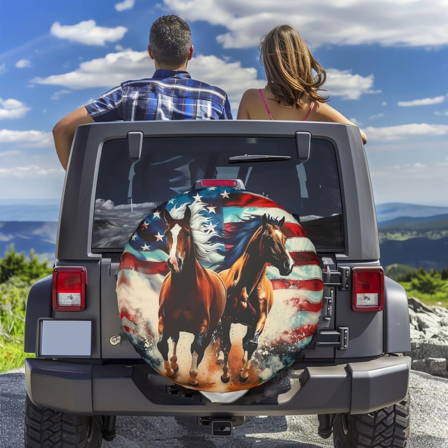Retro Horses Flag Spare Tire Cover for Trailer Camper Rv SUV - Cute Funny Wheel Cover Waterproof Universal Fit for Truck Wheel Protectors Travel Outdoor-15 inch