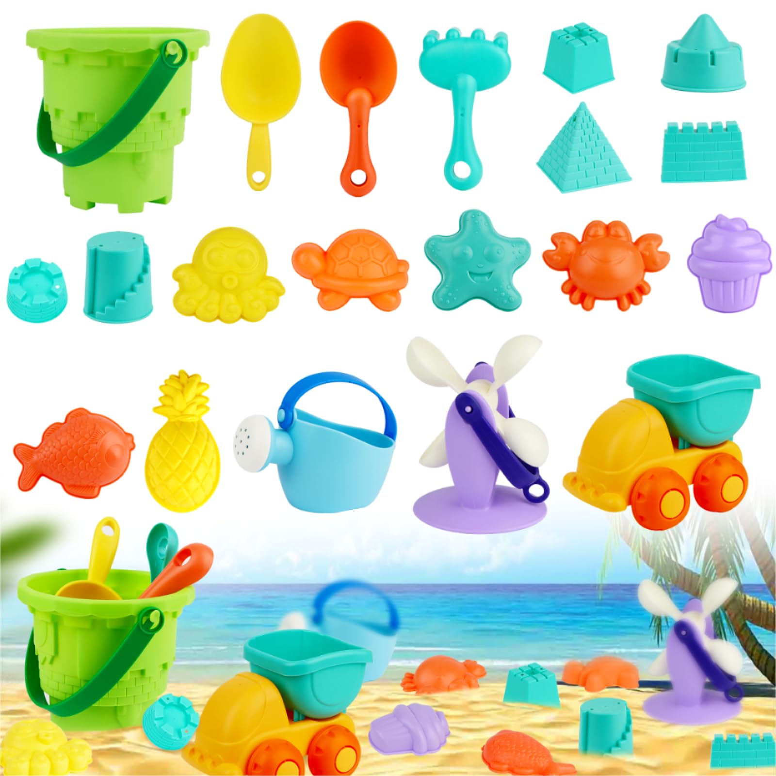 Powmag Juguetes Playa, 20 Piezas Juguetes de Playa para Niño, Beach Toys, Moldes de Arena, Rueda de Agua, Camión de Arena, Juguete de Playa Regalo para Niño Niña