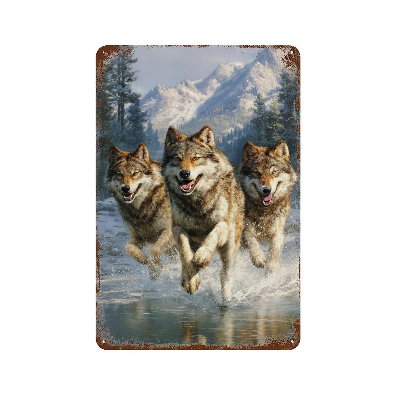 Vintage Metal Tin Sign Wild Wolf Pack Running 11.8"x7.9", Classic Wall Plaque for Pub, Kitchen And Man Cave Decor