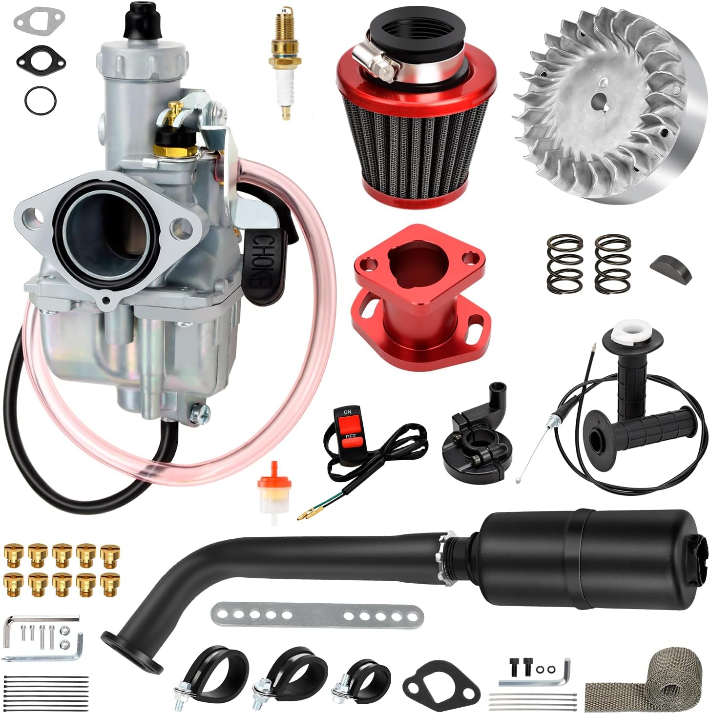 FVRITO VM22 Carburetor Flywheel Stage 2 Kit Compatible with Predator 212 Non Hemi Engine Coleman CT200U CT200U-EX BT200X Mini Bike 212cc 196cc GX200 KT196 Go Kart Parts Exhaust Pipe Throttle Assembly