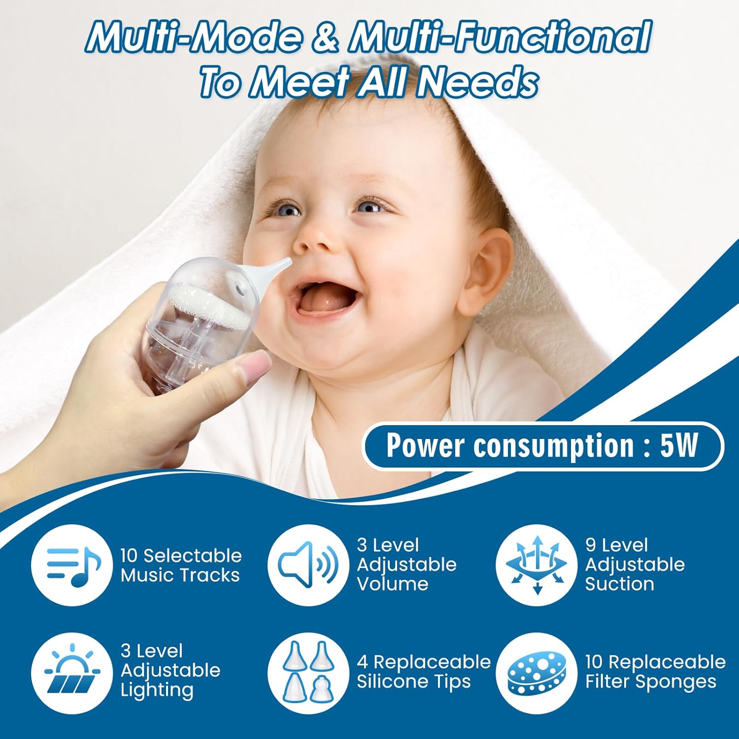 Electric Baby Nasal Aspirator with 9 Adjustable Suction Levels, Larger Suction Chamber, 4 Soft Silicone Tips,10 Filter Cotton Pads