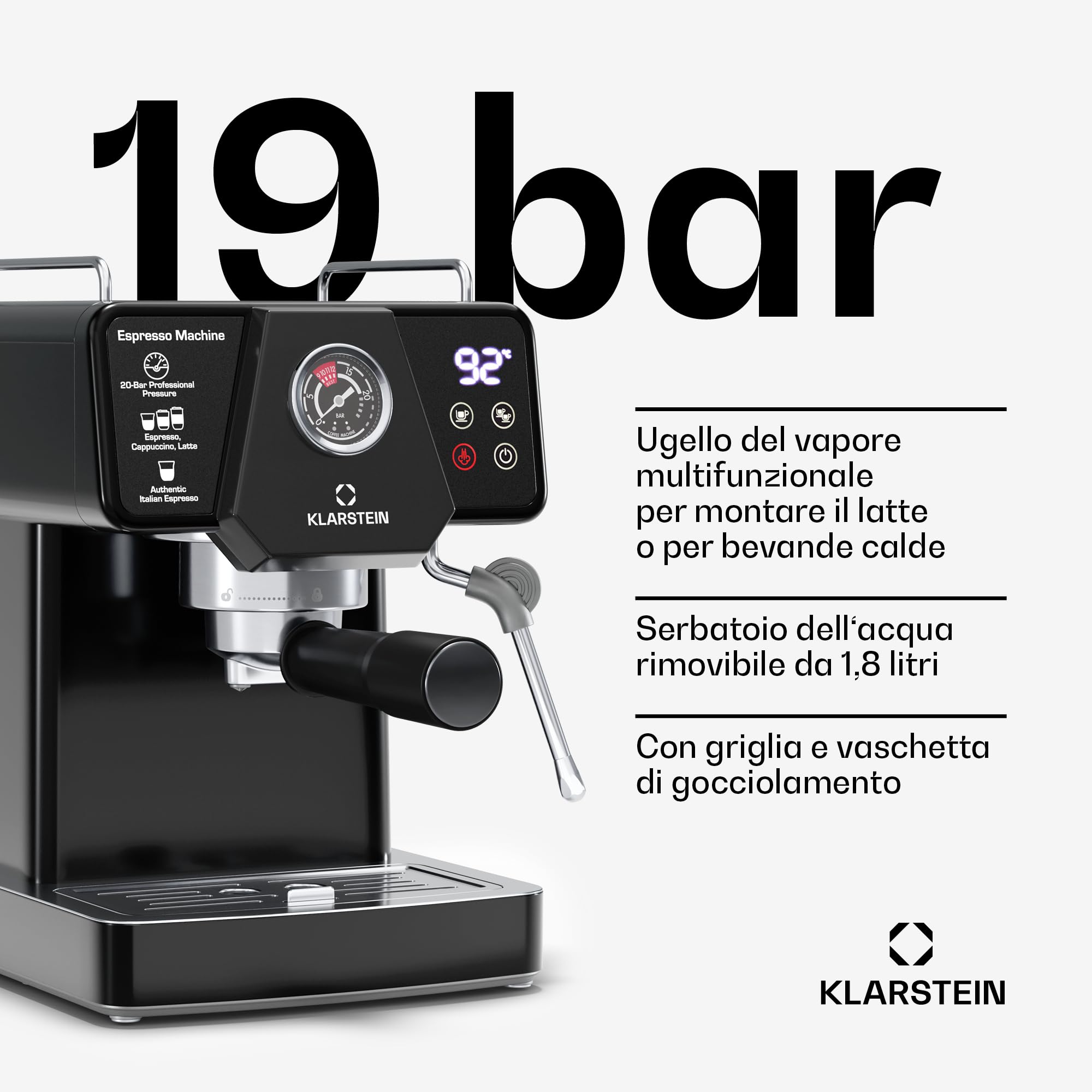 Klarstein Libeica - Macchina per Caffè Espresso, 19 Bar, 1350W, Acciaio Inox, Serbatoio da 1,8L, Ugello del Vapore, Touch Control, Per Caffè & Espresso in Polvere, Design Elegante