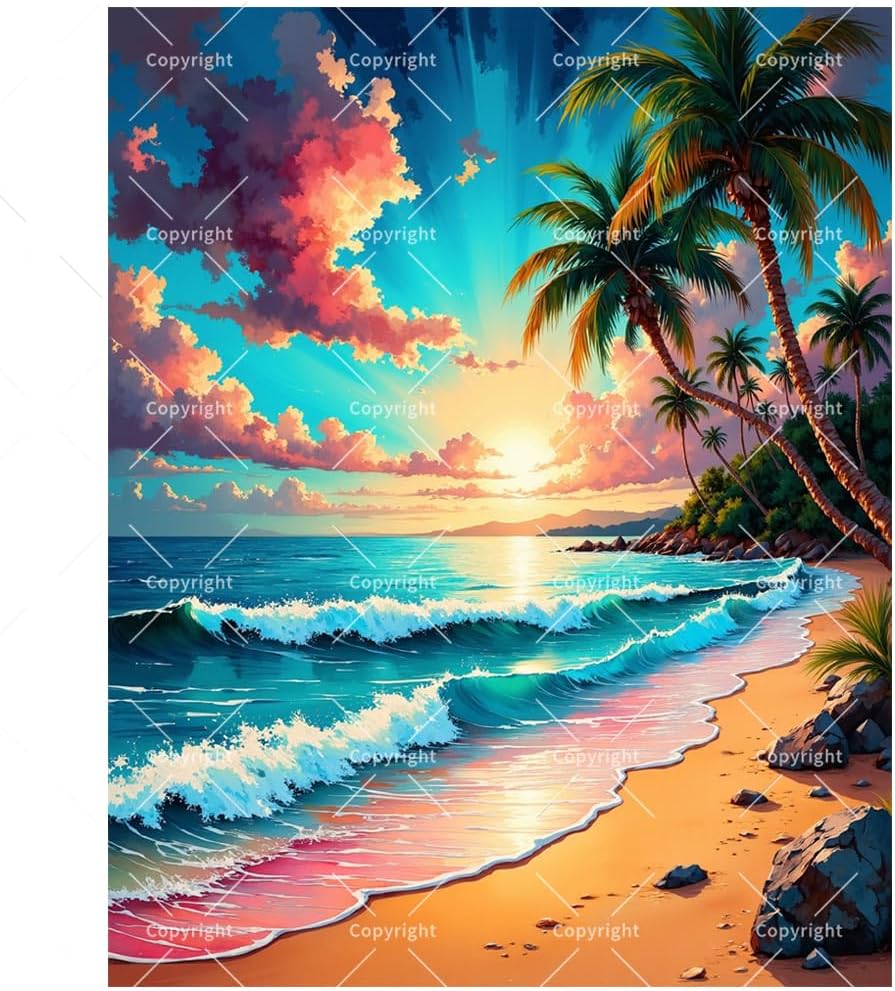 Seascape Paint by Numbers Kit for Adults - DIY Tropical Beach Sunset with Palm Trees Painting Rolled on Canvas 16x20 Inches, Acrylic Paint Set for Beginners, Art for Home Decoration or Gifts