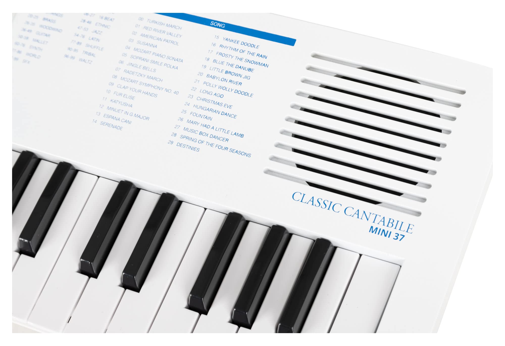 Classic Cantabile MINI-37 Keyboard - 37 Mini-Tasten - Stromversorgung über USB-C oder Batterien - 100 Sounds und Rhythmen - USB-MIDI - Lautsprecher und Kopfhörerausgang - weiß-blau