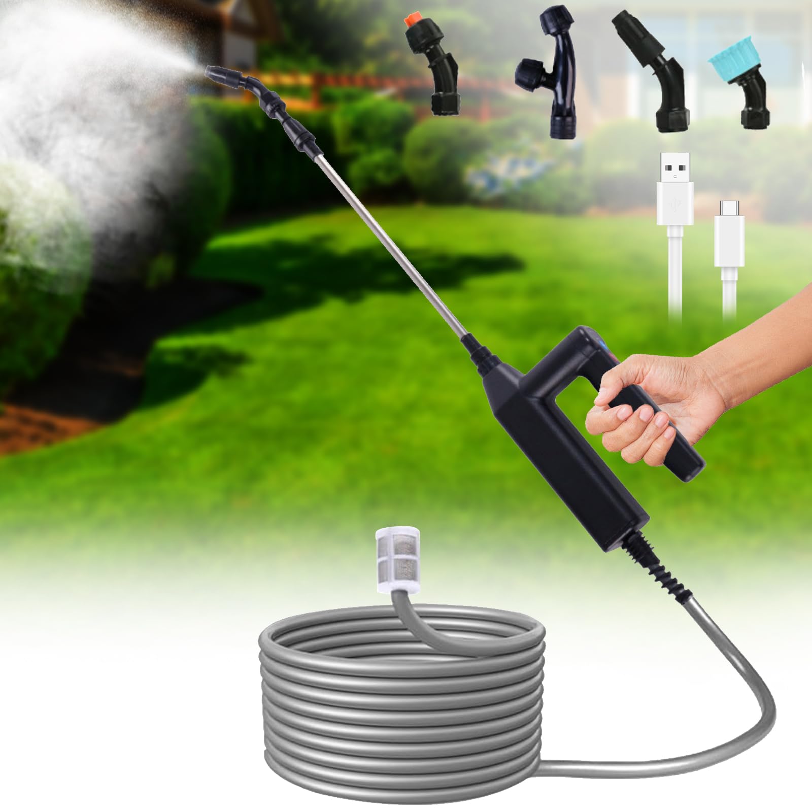 Electric Plant Sprayer, Battery Powered Sprayer, Portable Multi-Purpose Garden with 5 m， Retractable Wand and 4 Nozzles for Garden,Terrace,Car Wash, Lawn and Weeds