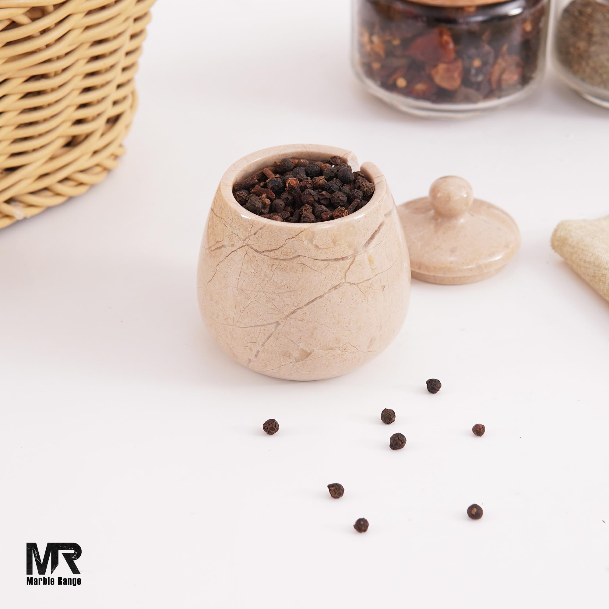 MARBLE RANGE Salina in marmo con coperchio Verona 8,4 cm contenitori per spezie fatti a mano, porta sale con coperchio e cucchiaio, contenitori per sale e pepe, cantina per sale per tavolo da cucina