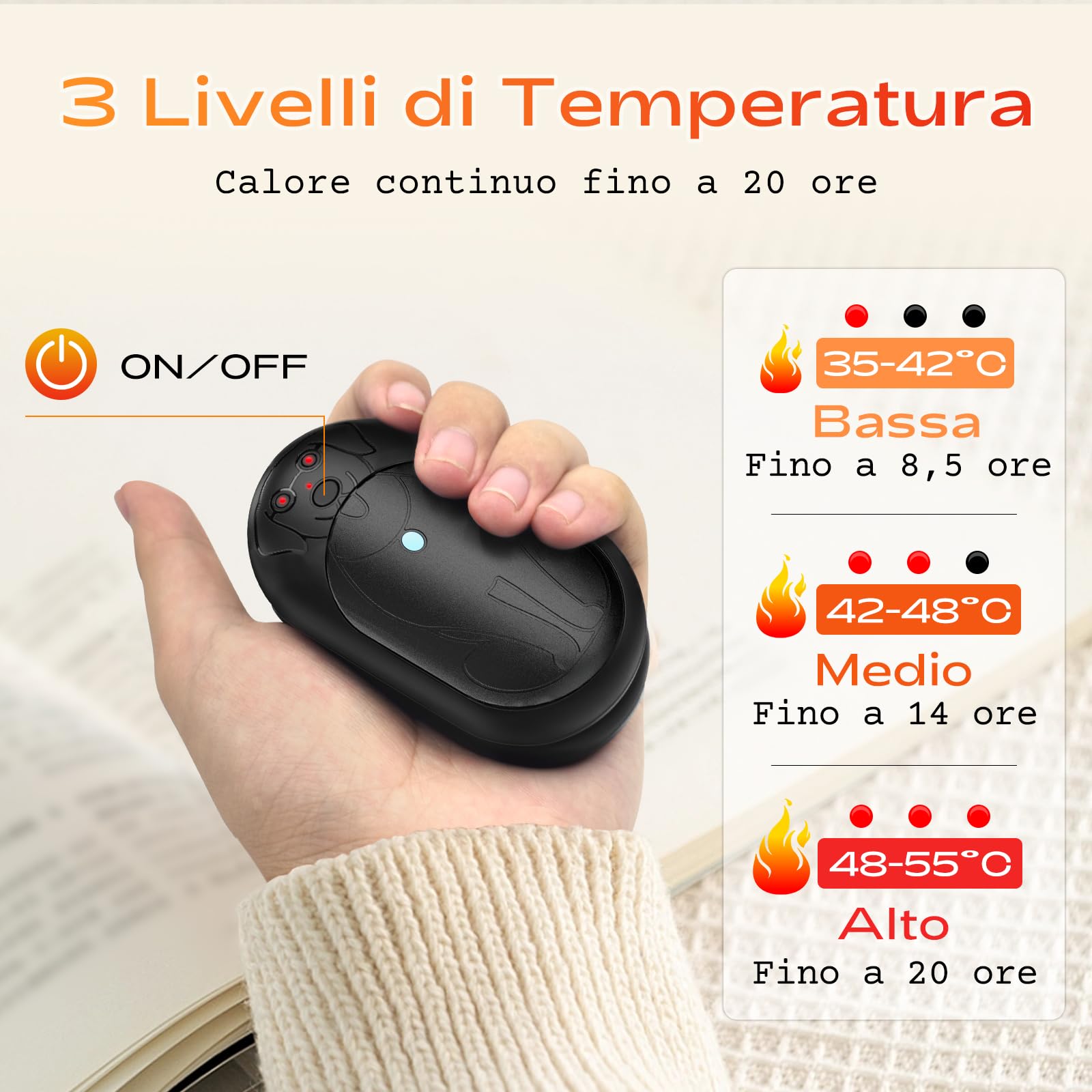 Lepwings Scaldamani ricaricabili 2 pezzi, batteria 6000 mAh a lunga durata, riscaldamento elettrico a 3 livelli, regalo invernale per uomini e donne, ideale per golf, caccia, escursionismo, attività