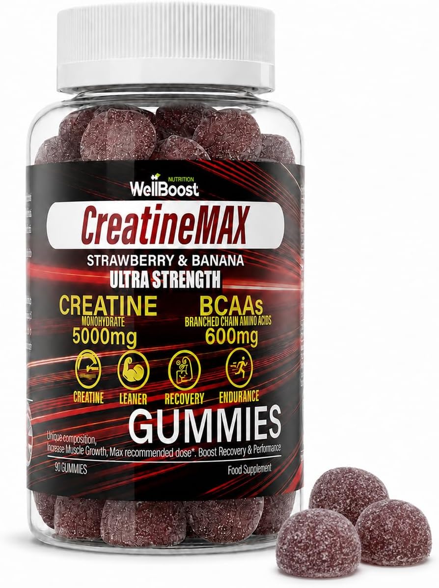 WellBoost Creatine MAX Gummies - 5000mg Creatine Monohydrate & 600mg BCAAs per Serving - Vegan, Sugar-Free Chewable Gummies with Strawberry & Banana Flavour - 90 Gummies (1 Month Supply)