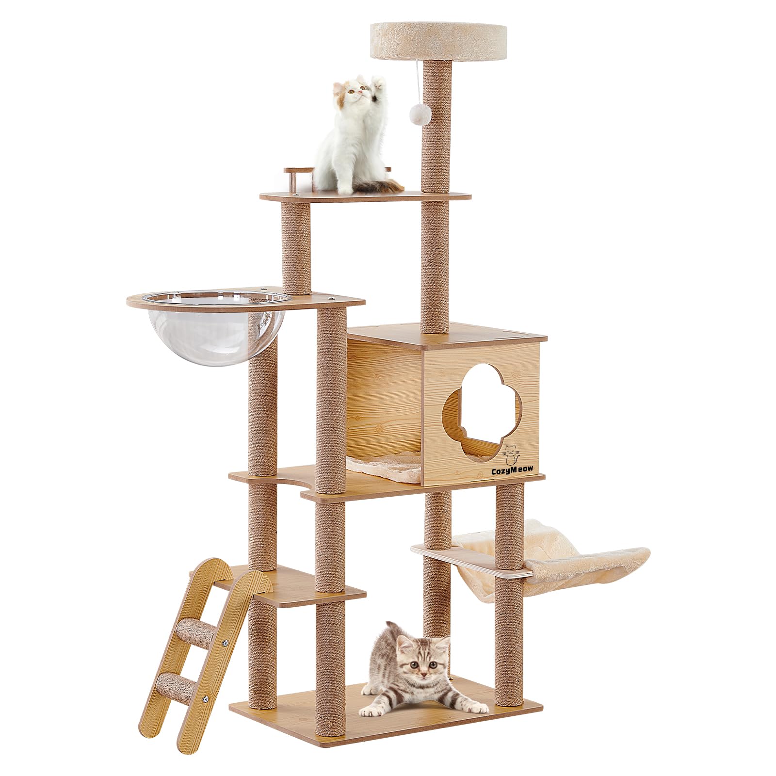 Amazon | キャットタワー 木製 宇宙船透明ボウル付き 高さ約156cm 