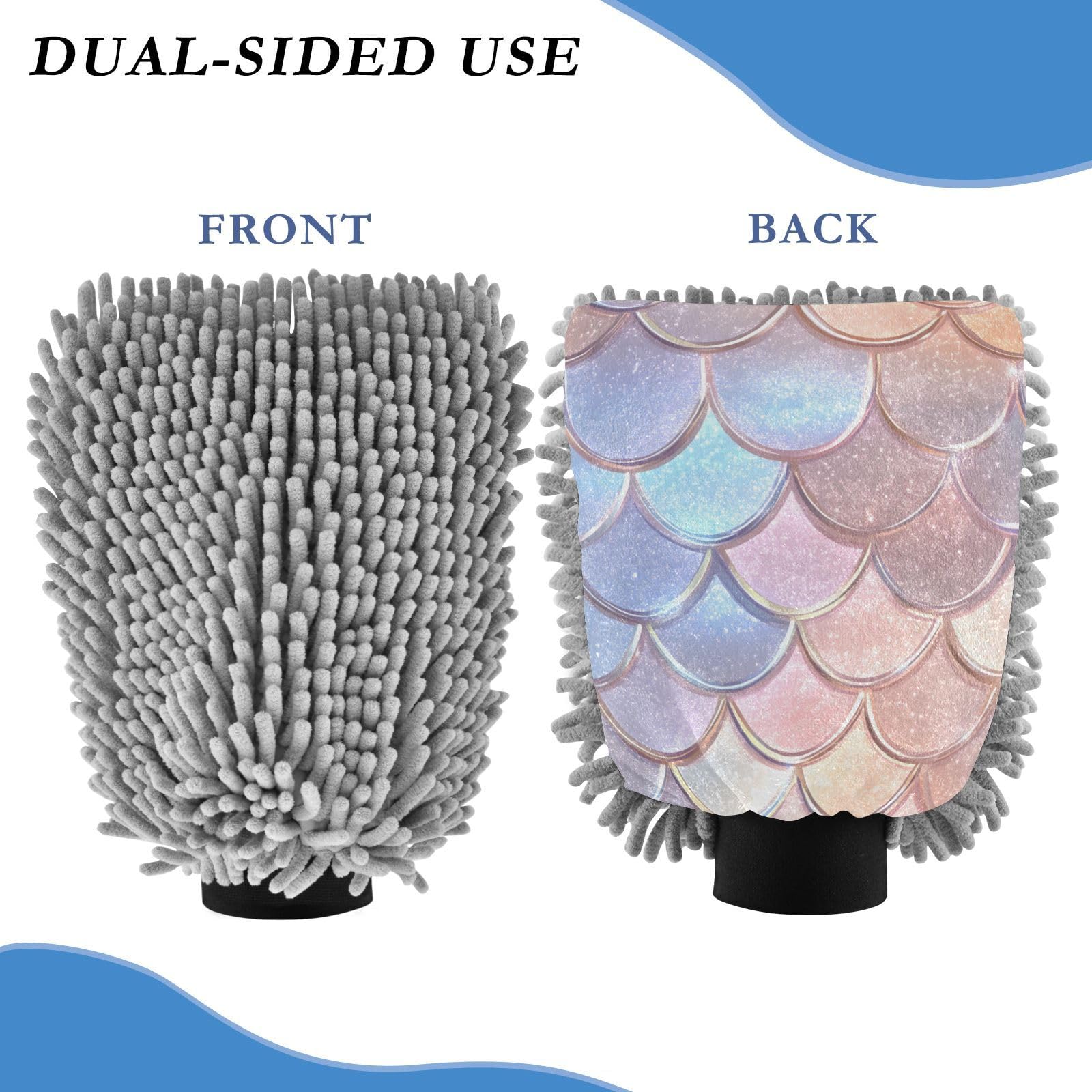 ALAZA Glittering Mermaid Scales Car Wash Mitt Scratch Free, 2 Pack Absorbent Microfiber/Chenille Washing & Drying Mitts, L