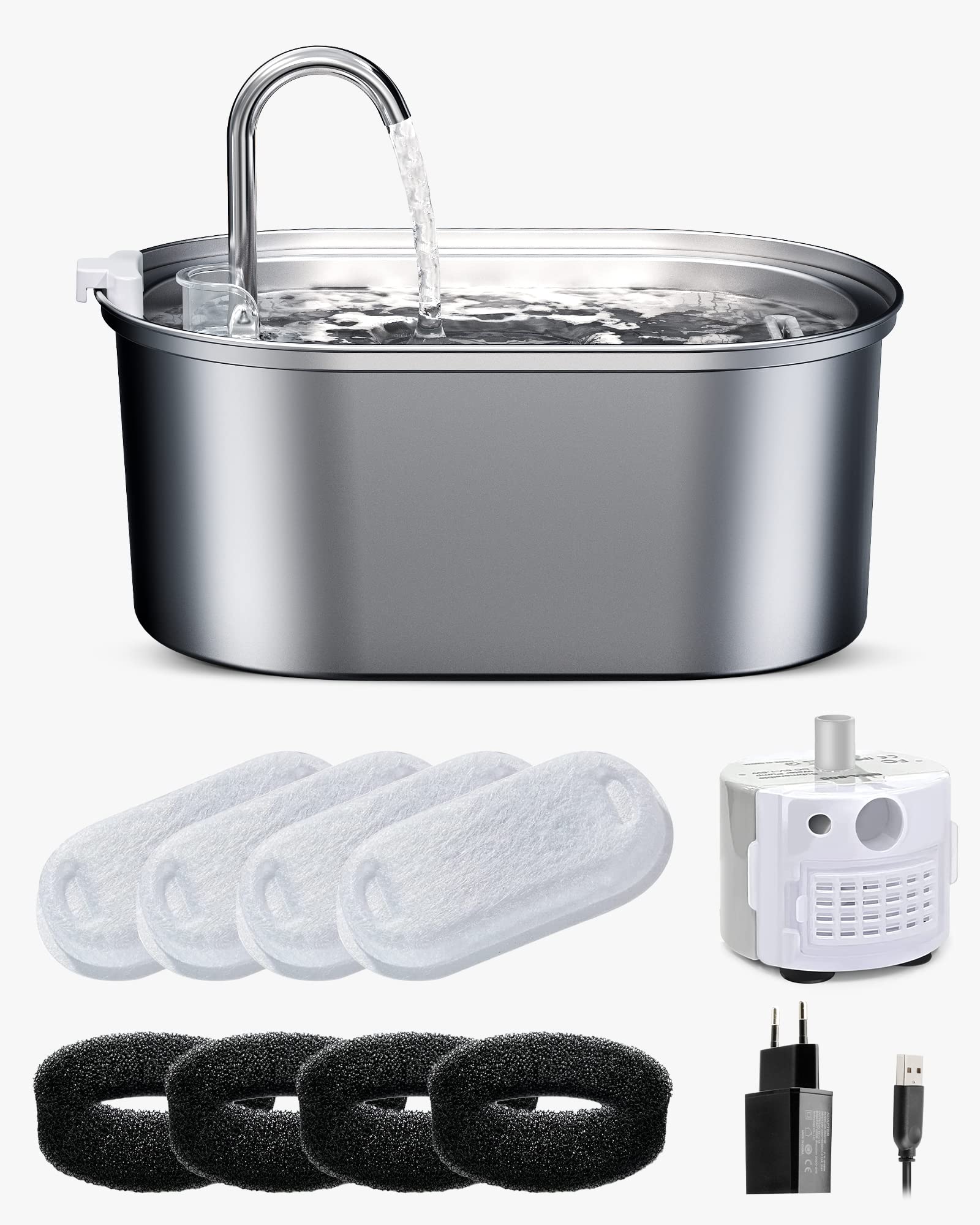 Fuente para Gatos Fontanella de Petace, 3.2L de Acero Inoxidable con 4 filtros de carbón Activado y 5 esponjas, Fuente silenciosa con Triple filtración para Gatos