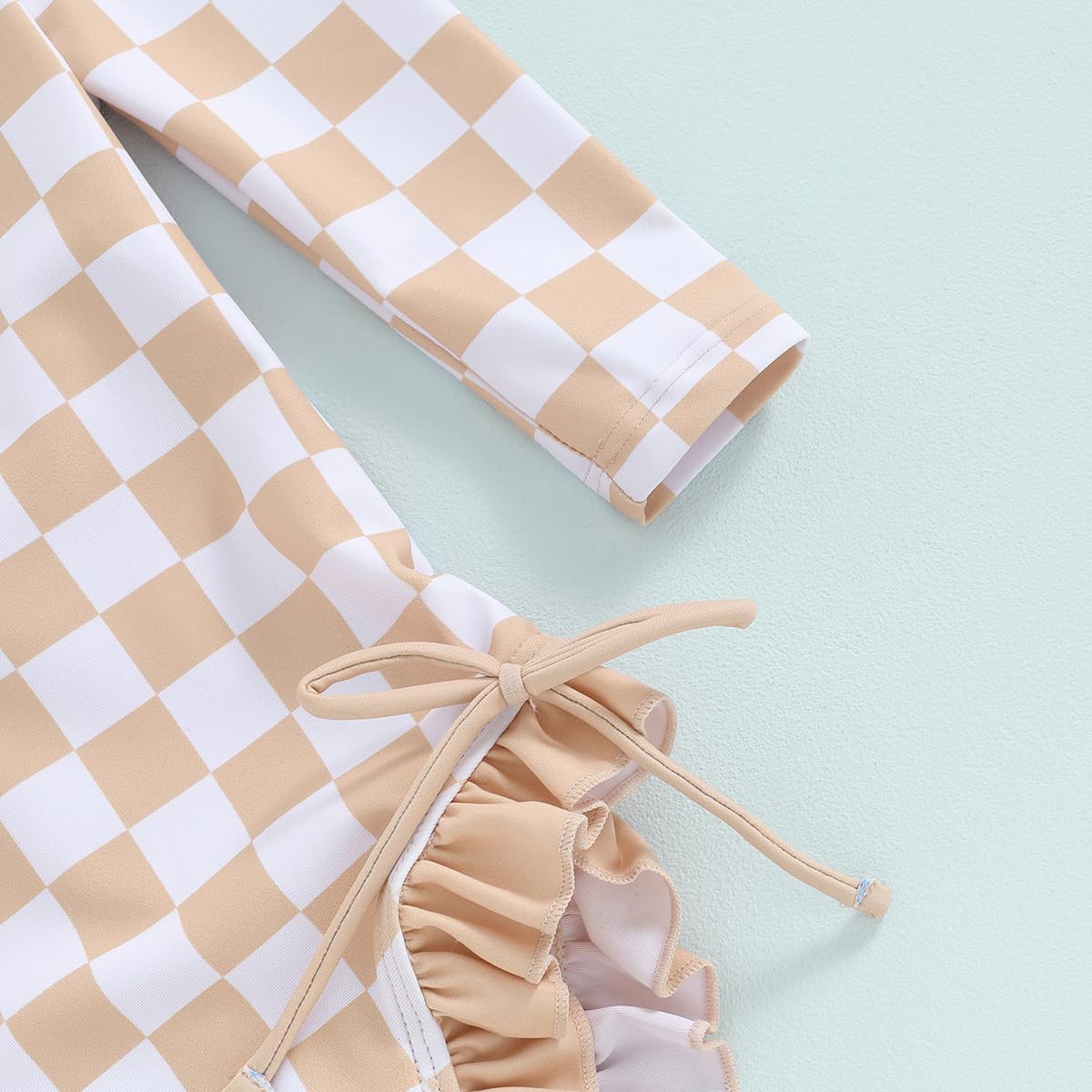 Yccutest Toddler Rash Guard One Piece Swimsuit Baby Girl Long Sleeve Ruffles Swimwear Zipper Bathing Suit Checkerboard Outfit - Image 4