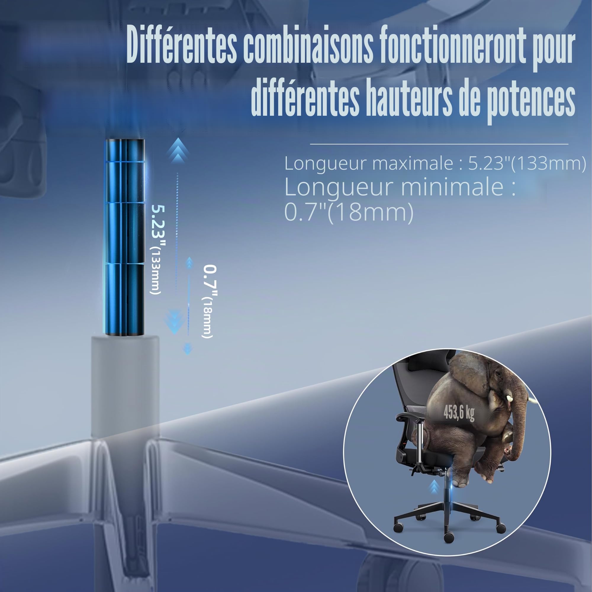 Sytopia Lot de 4 vérins à gaz pour chaise de bureau - Jusqu'à 450 kg - Aucun outil nécessaire - Hauteur de chaise réglable - Taille universelle 28 mm