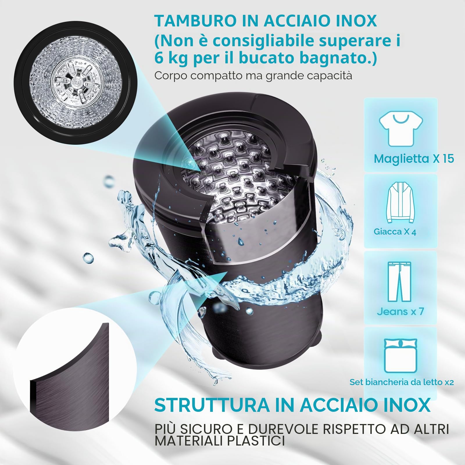 Asciugabiancheria da 6 kg, centrifuga a risparmio energetico e energetico, 2800 giri/min, asciugatura a gravità, Nero
