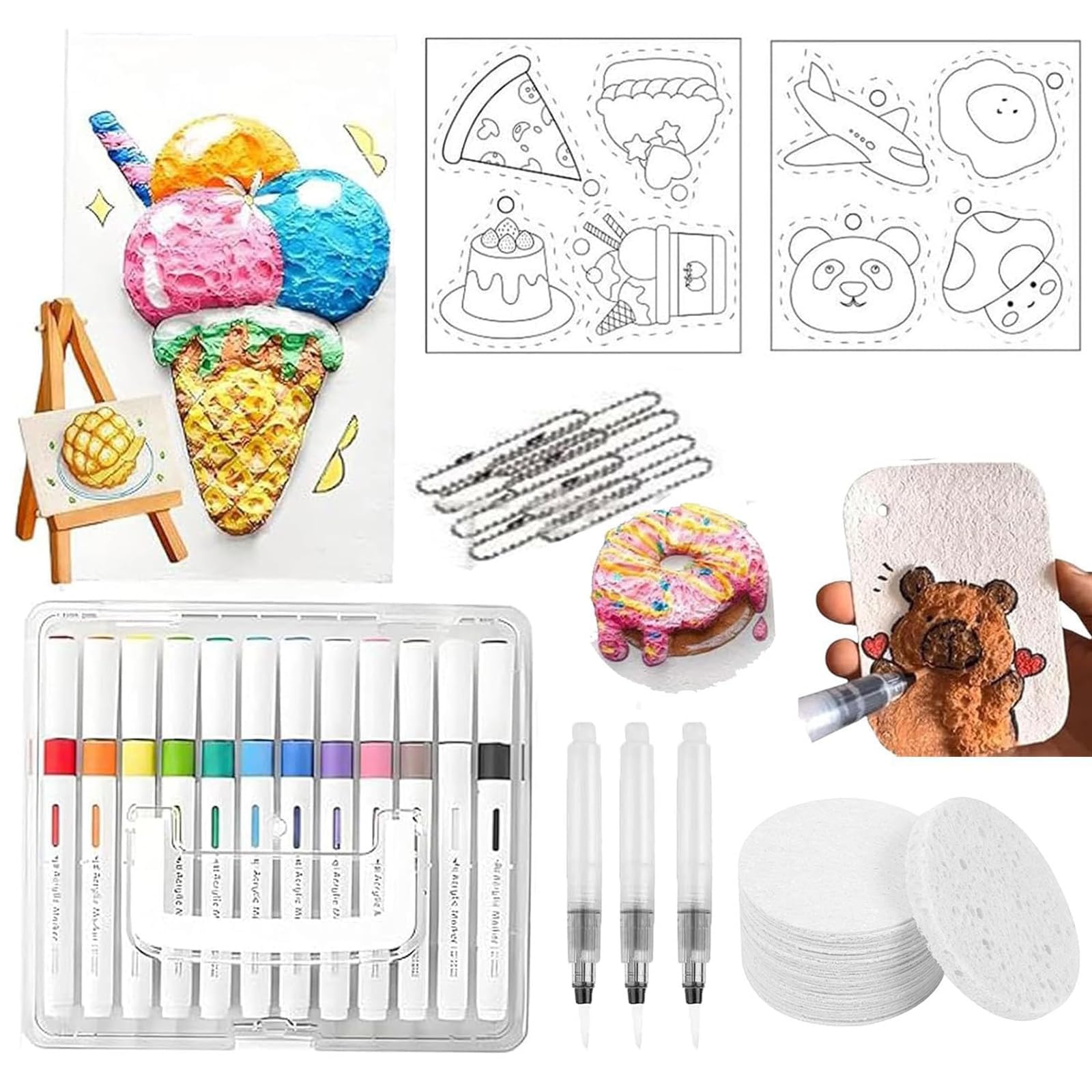 PLIGREAT 30 Papiers Texture Mousse Magique 3D - 3 Formes Avec Pinceau à Eau - Peinture Créative