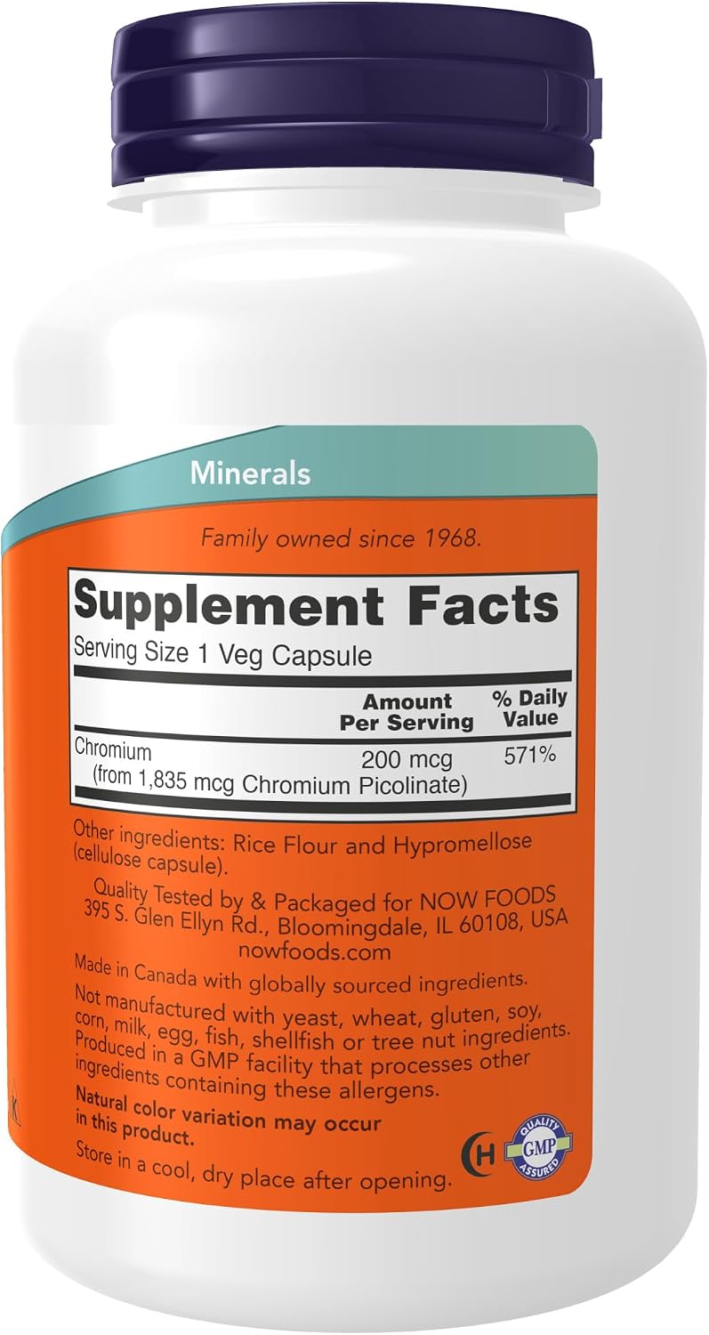 NOW Supplements, Chromium Picolinate 200 mcg, Insulin Co-Factor*, 250 Veg Capsules