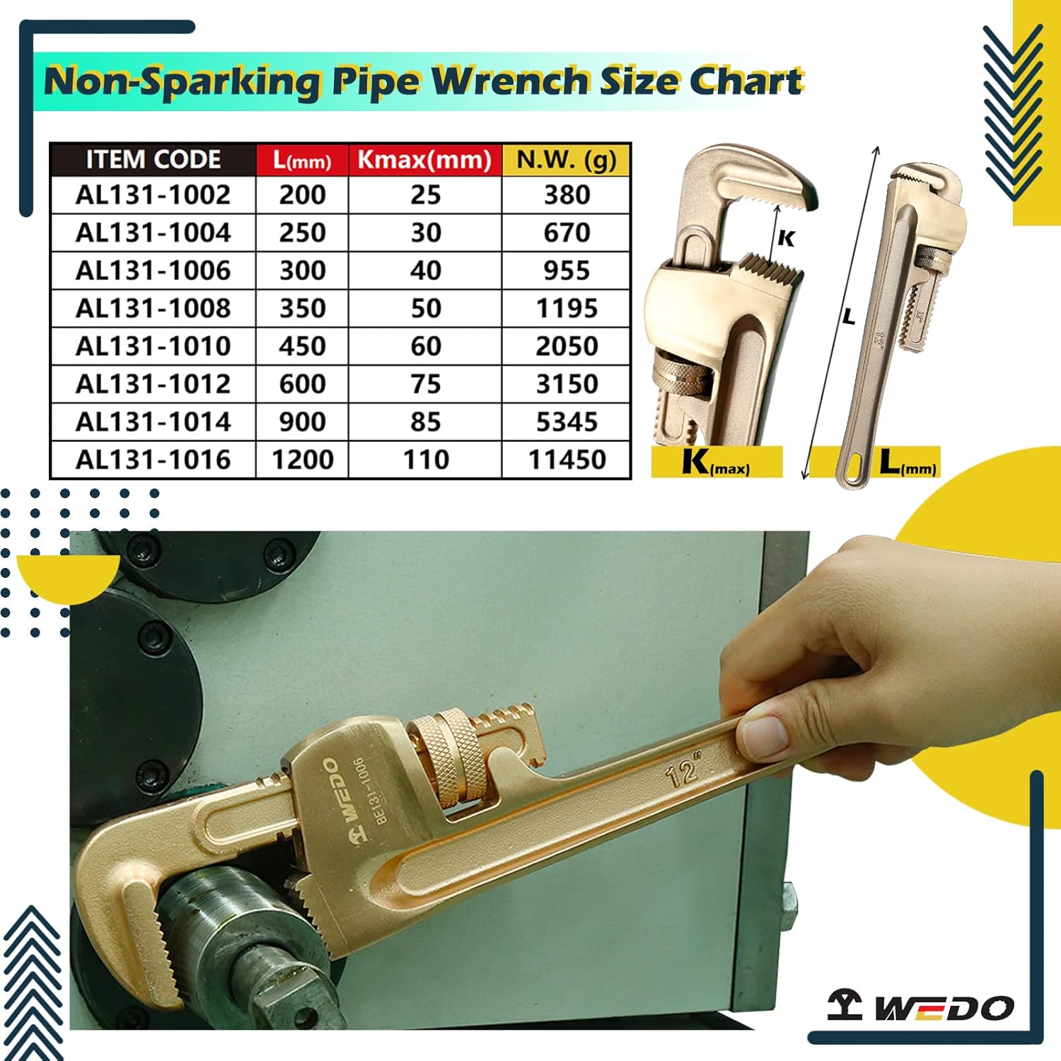 WEDO Non-Sparking Pipe Wrench,8" Spark-Free Straight Plumbing Wrench,No Spark Safety Adjustable Spanner, Length 200mm,Opening Max 25mm,Aluminum Bronze,DIN Standard,BAM & FM Standard
