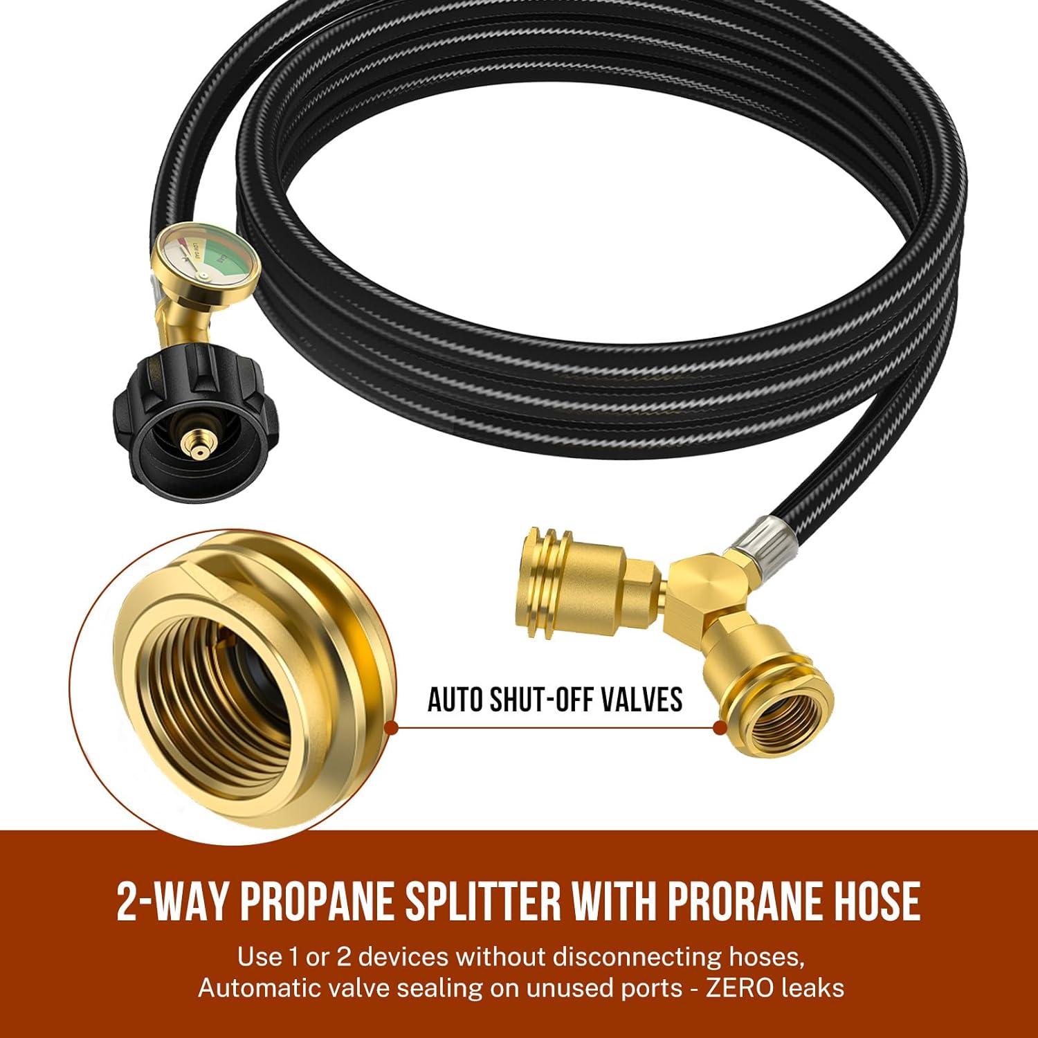 6 FT Propane Hose with Vertical Propane Tank Splitter 2 Way and Gauge, Y Spliter Gas Adapter Tee Connector for 20-100 lbs Tank,Camping Stove & Gas Grill