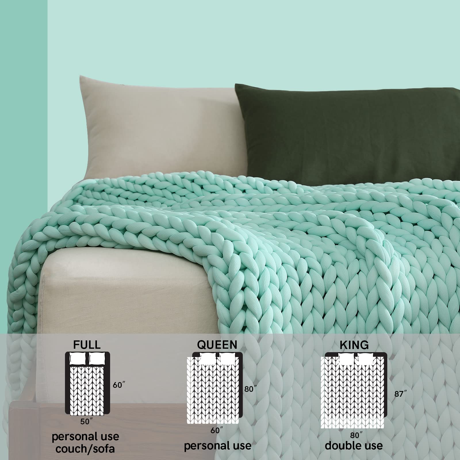 YnM Coperta ponderata rinfrescante realizzata a mano, design lavorato a maglia, termoregolante e traspirante, lavabile in lavatrice, per dormire o decorare la casa (verde menthe, 152 x 203 cm, 9,1 kg)