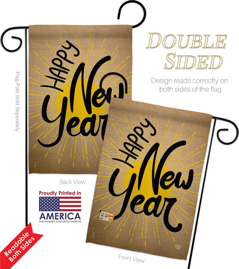 Happy New Year Garden Flag Set Wood Dowel Clock Countdown Champagne Party Fireworks Celebrate Small Decorative Gift Yard House Banner Double-Sided Made In USA 13 X 18.5