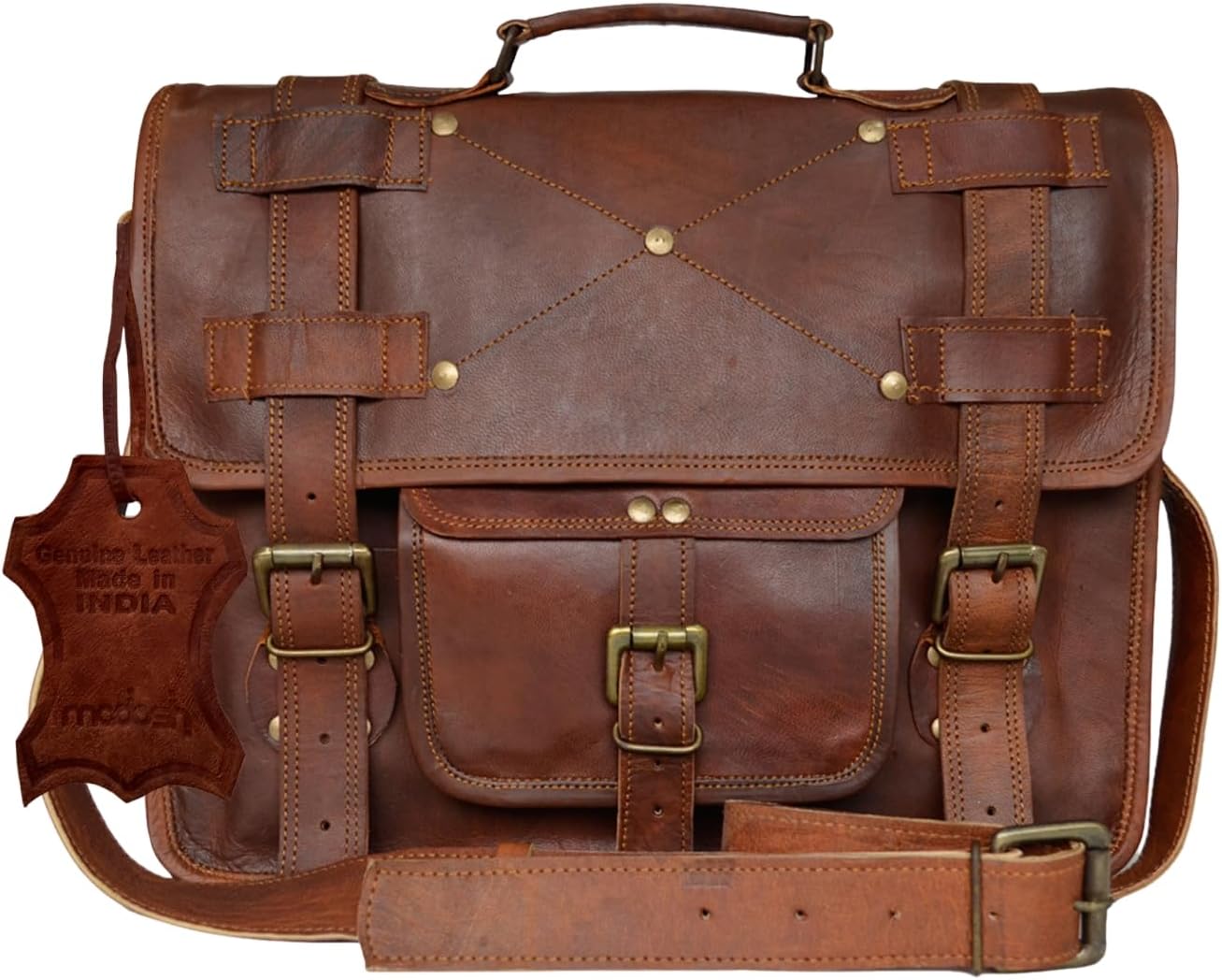 Madosh Mens Genuine Leather Briefcase Travel Messenger Office Crossbody Bag Laptop Brown Business Bag Vintage