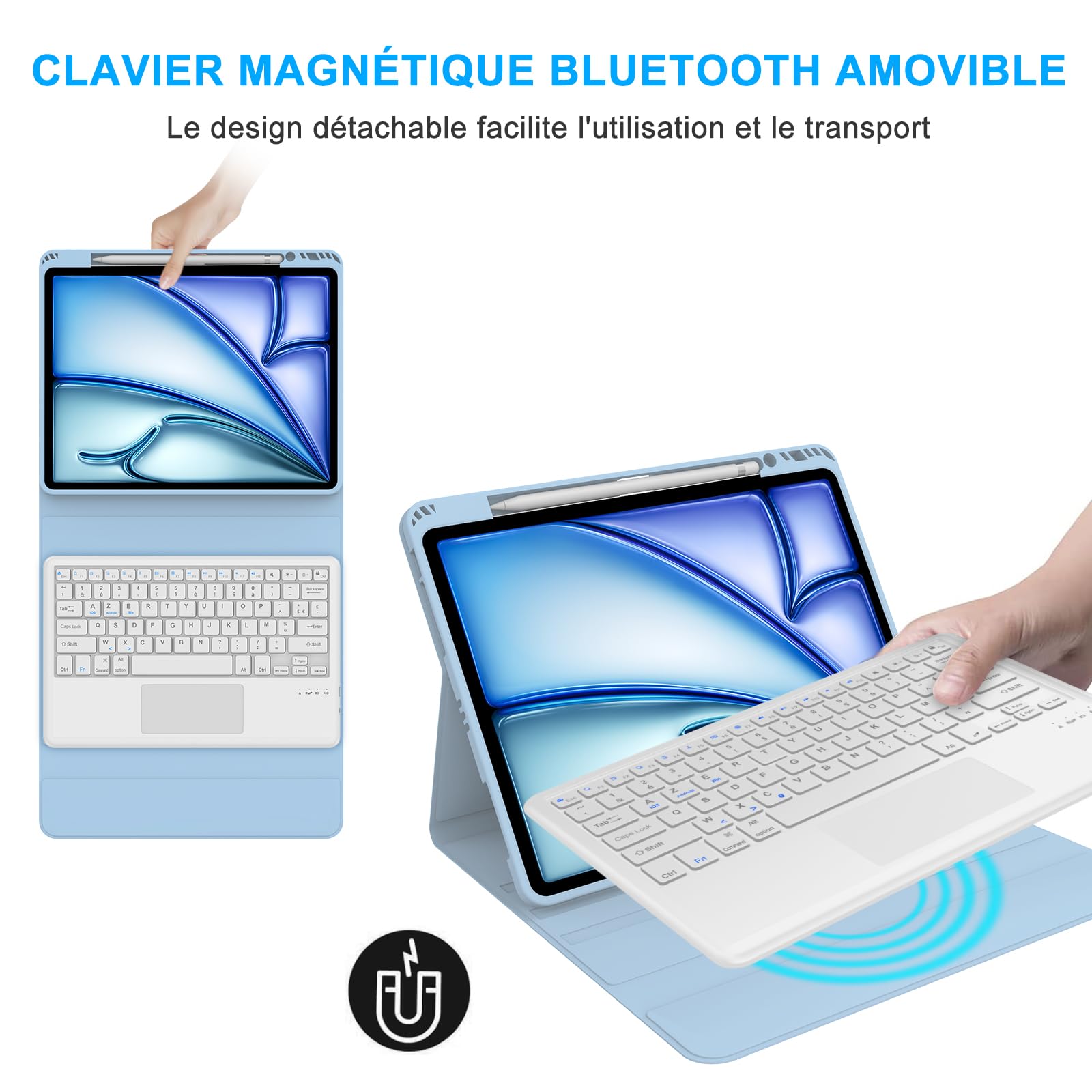 SENGBIRCH Coque Clavier pour iPad Air 13" M4 2026/M3 2025/M2 2024, AZERTY Français Trackpad Clavier Détachable sans Fil Bluetooth - Étui iPad Air 13 Pouces M3/M2, Blu Chair