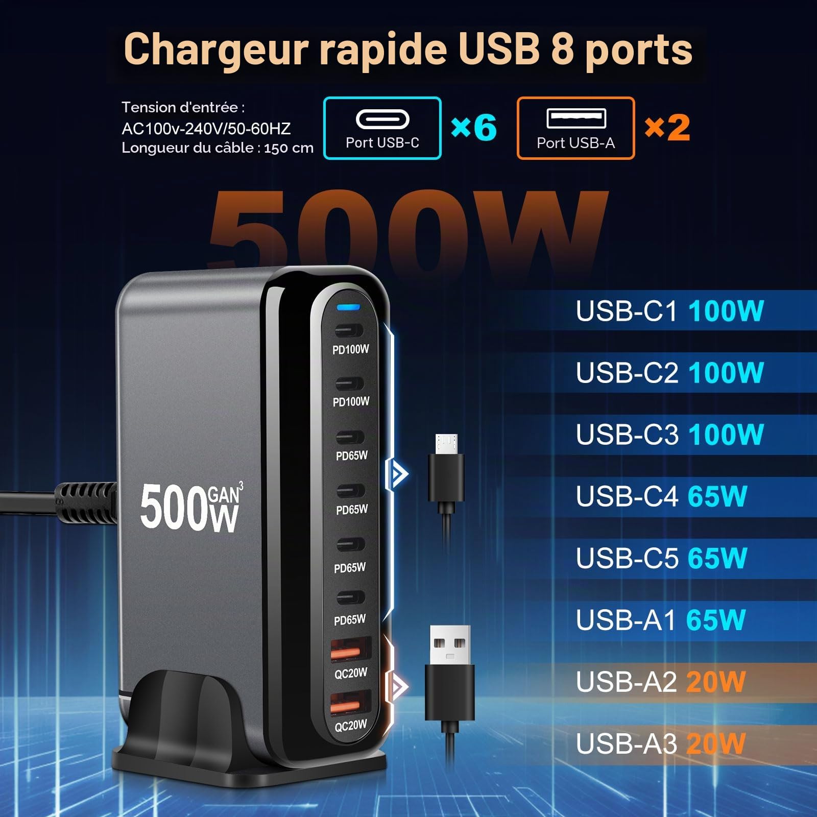 500 W, 8 Port USB, Quick Charge USB Charger for Macbook Pro/Air,Ipad Pro/Air,Sumsung, Black