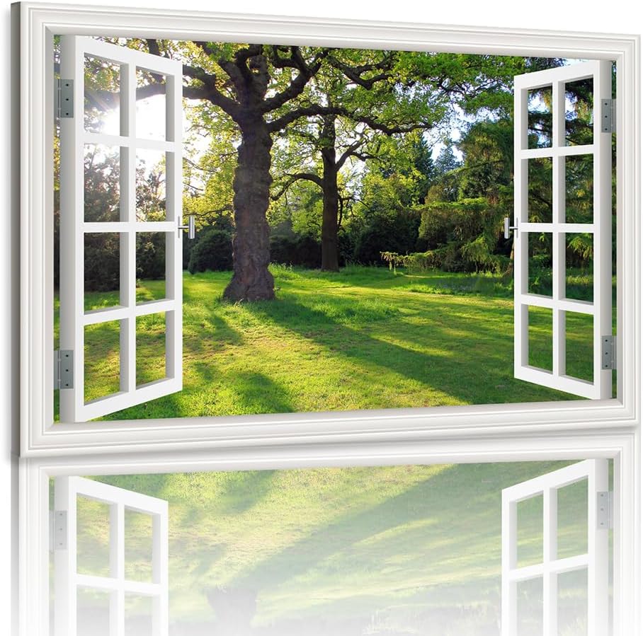 3D Open Window Scenes Framed Wall Art Sunshine Garden Park Green Trees Forest Canvas Art Wall Decor Natural Landscape Art Painting for Living Room Dorm Bedroom Home Office Decorations - 12x16 inches