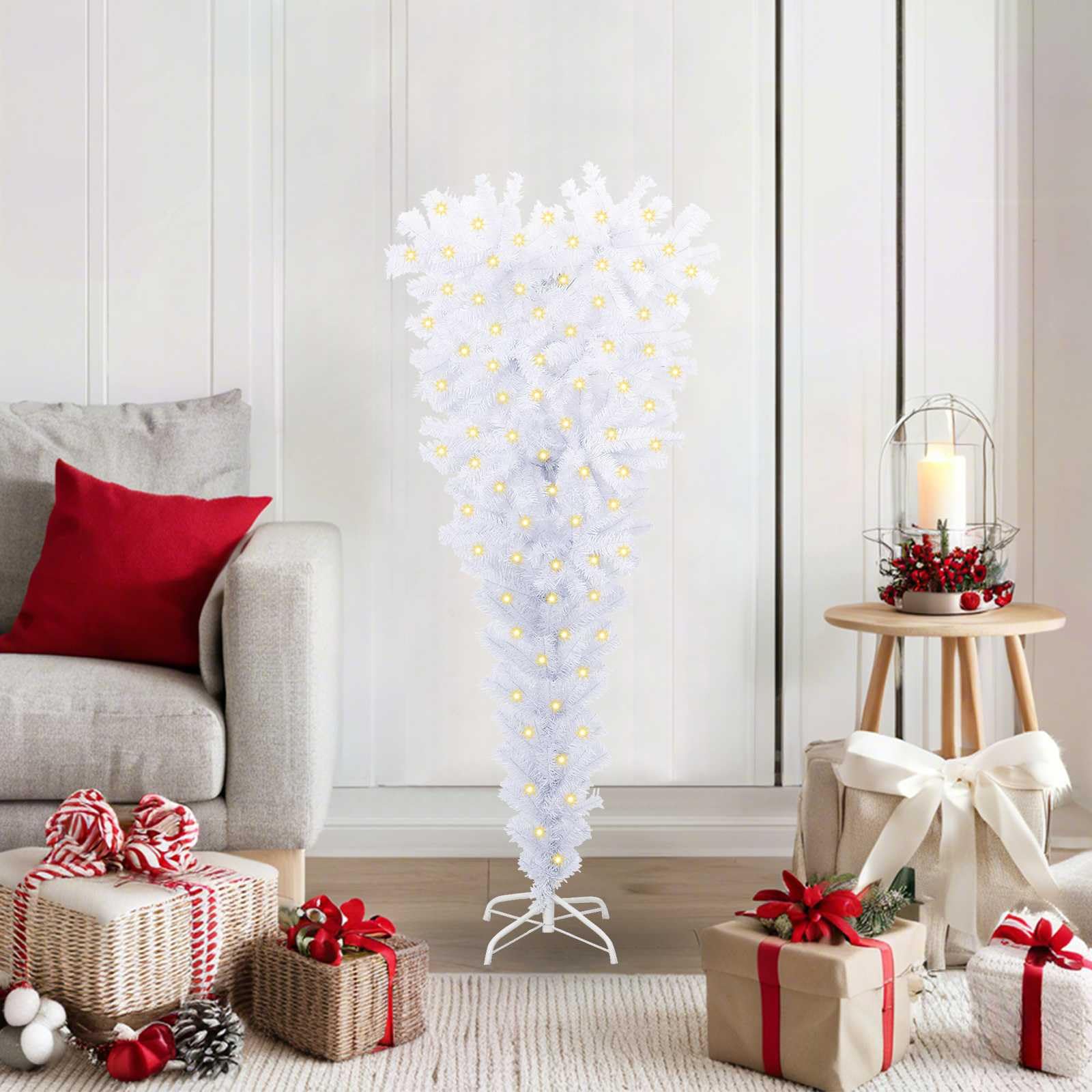 Künstlicher Weihnachtsbaum Weiß 120 cm aus PVC und Stahl mit 230 Spitzen, LED-Lichterkette, Ständer, geeignet für Wohnzimmer, Balkon, Terrasse, Festdeko und Innenbereich