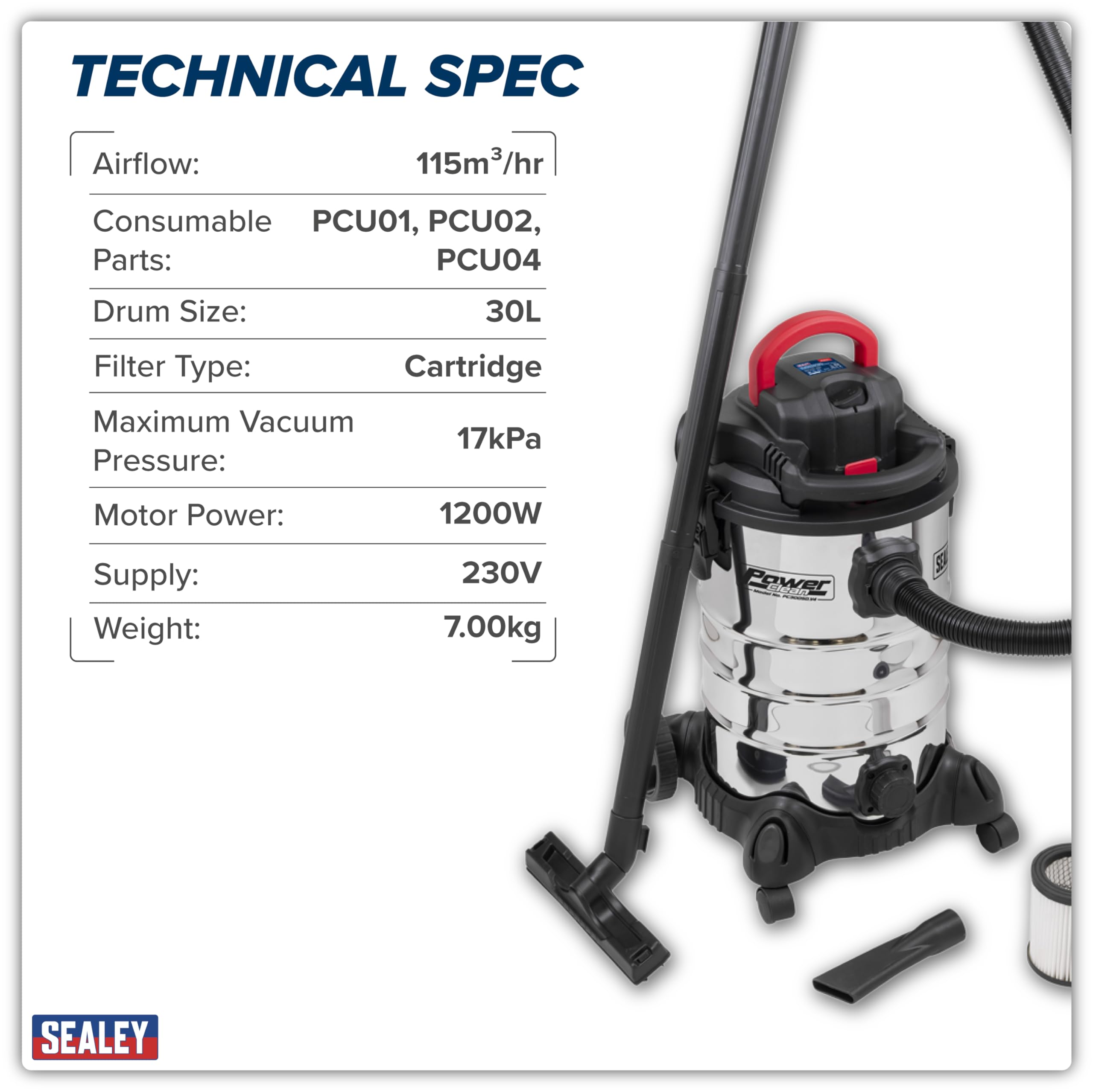 Sealey PC300SD 10. 1400W/ 240V Industriel Aspirateur Avec Accessoires