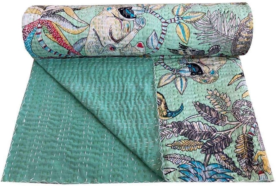 Monkey Animal Print Kantha Hippie Handmade Quilt Handblock Sofa Cover Bohemian Bedspread Reversible Throw Blanket California King/Queen/Twin (108X108 Inches)