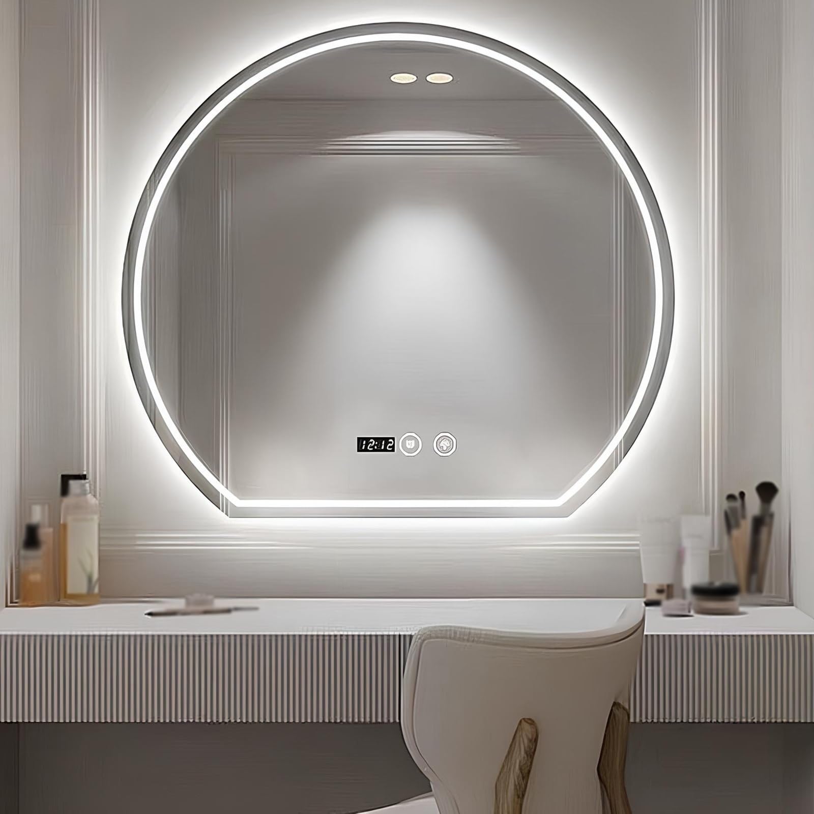 Lustro łazienkowe z podświetleniem LED, przeciwmgielne, 70 cm, półokrągłe lusterko do makijażu z regulowanym światłem w 3 kolorach, idealne do nowoczesnego wystroju i codziennego użytku