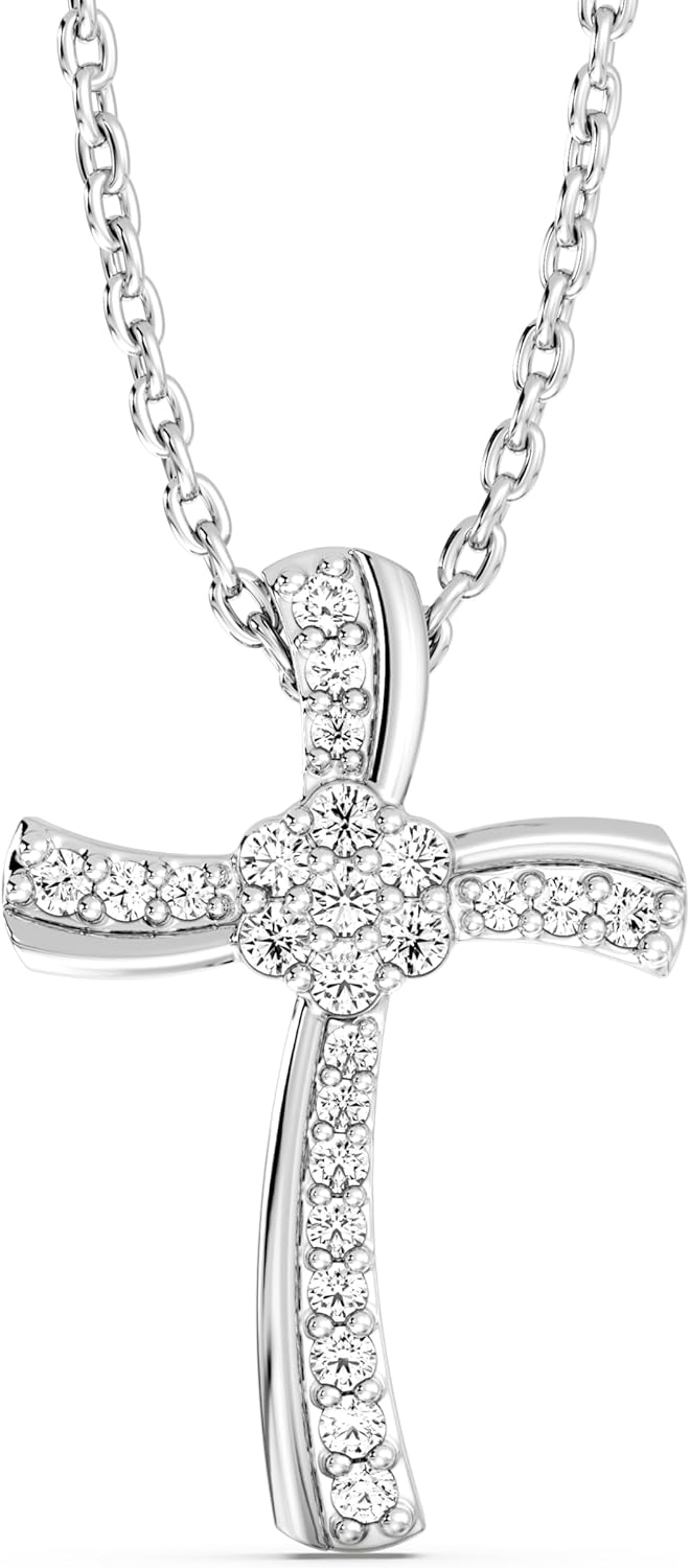 GILDED 1/10 ct. T.W. Lab Grown Diamond (SI1 Clarity, F Color) and Sterling Silver Cross Pendant with an 18 Inch Spring Ring Clasp Cable Chain