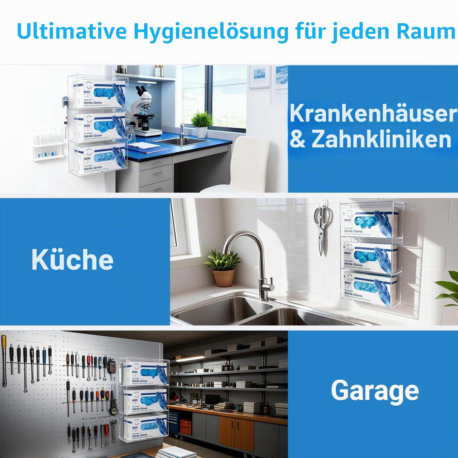 Wandhalter für Einmalhandschuhe (für 3 Boxen), 3-Fach Acryl Handschuhhalter Handschuhspender - Handschuhbox Halterung für Vinyl, Latex, Nitril Einweghandschuhe, Transparent