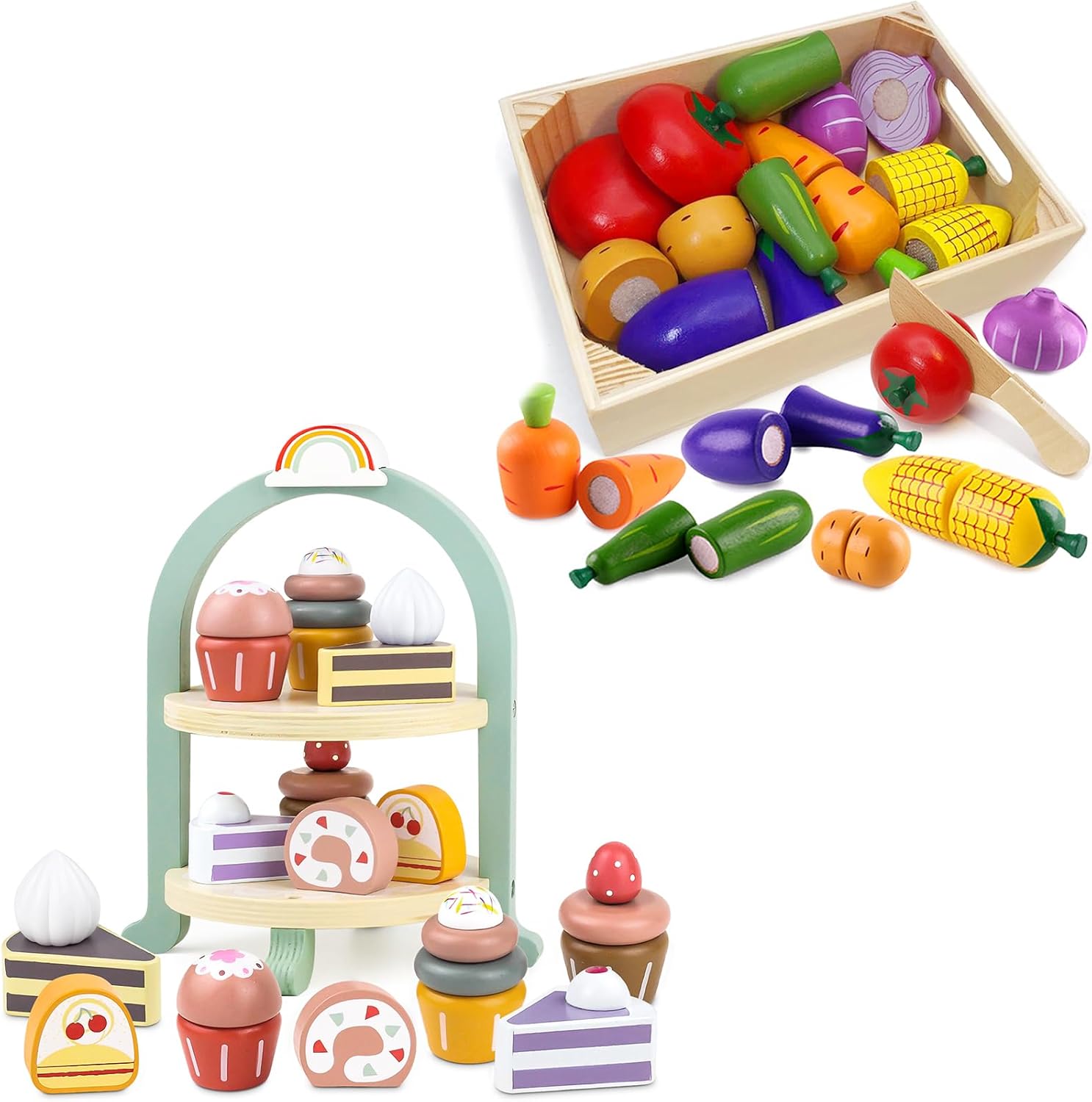 Wooden Play Food Vegetables Toy and Wooden Cake Toys Tea Party Set, Cupcake Playset