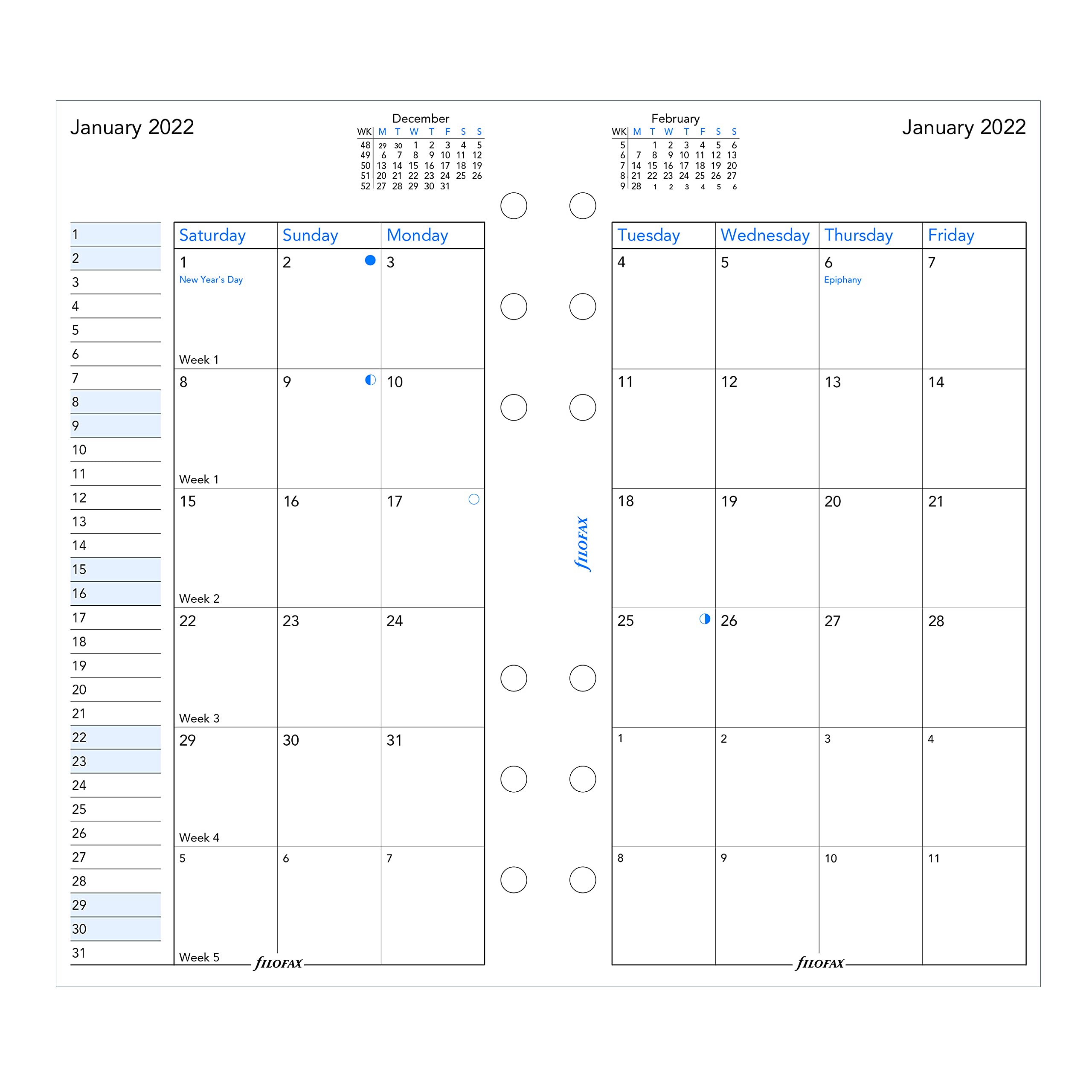 Filofax Ricarica, formato personale/compatto, visualizzazione mensile, carta bianca, inglese, 2022 (C68410-22)