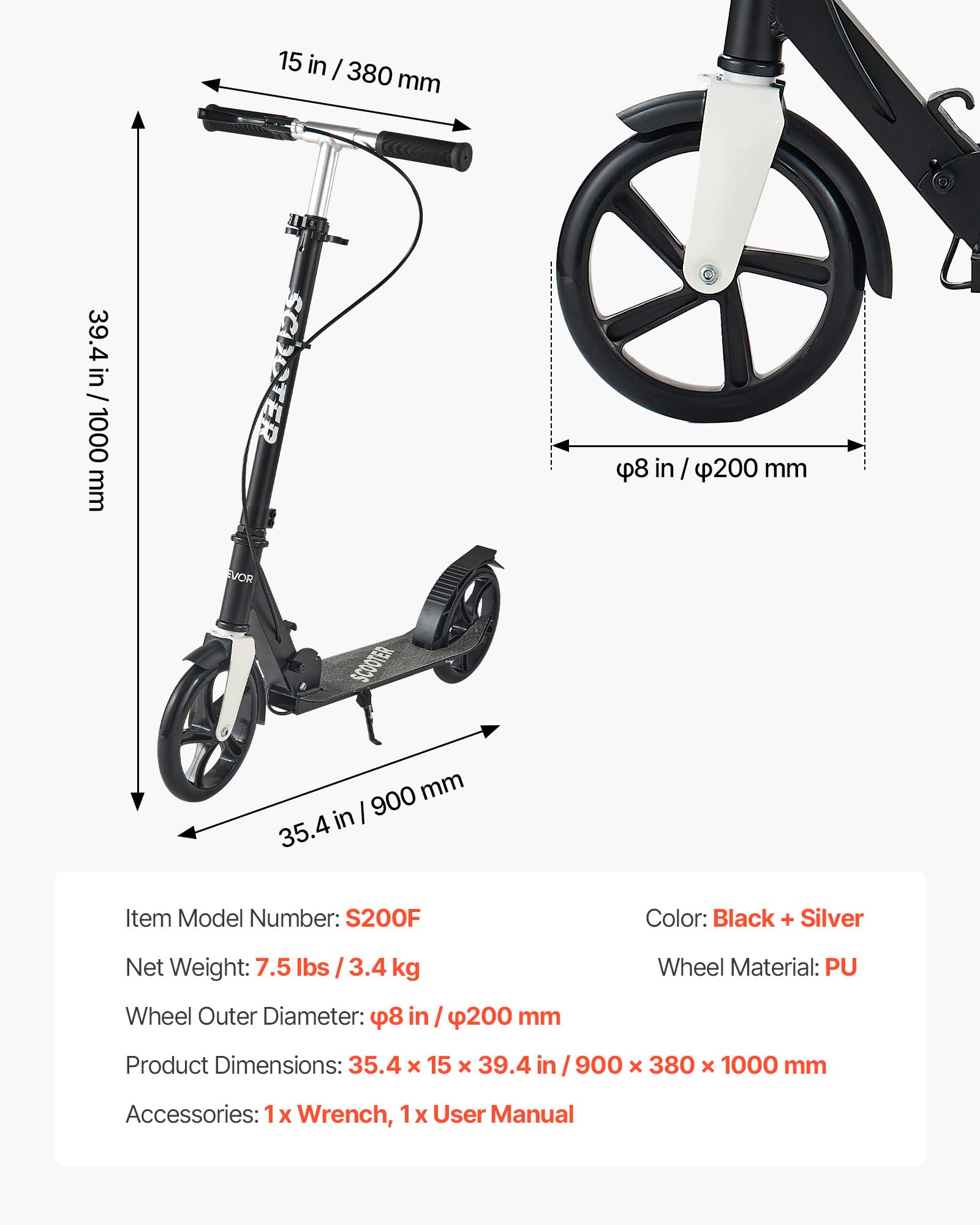 VEVOR Trottinette pour Enfants 8 Ans et Plus, Ados et Adultes, patinette à 2 Roues, Guidon réglable en Hauteur, Plateau antidérapant, Pliable et légère pour garçons et Filles à 100 kg, Noir et Argent