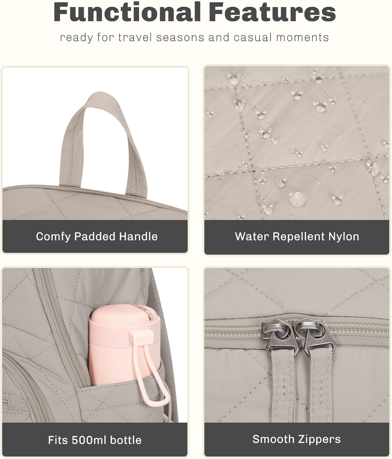 Hynes Eagle Travel Laptop Backpack Quilted College Backpack for Women Puffer Casual Daypack Personal Item Bag for 16 Inch Light Camel