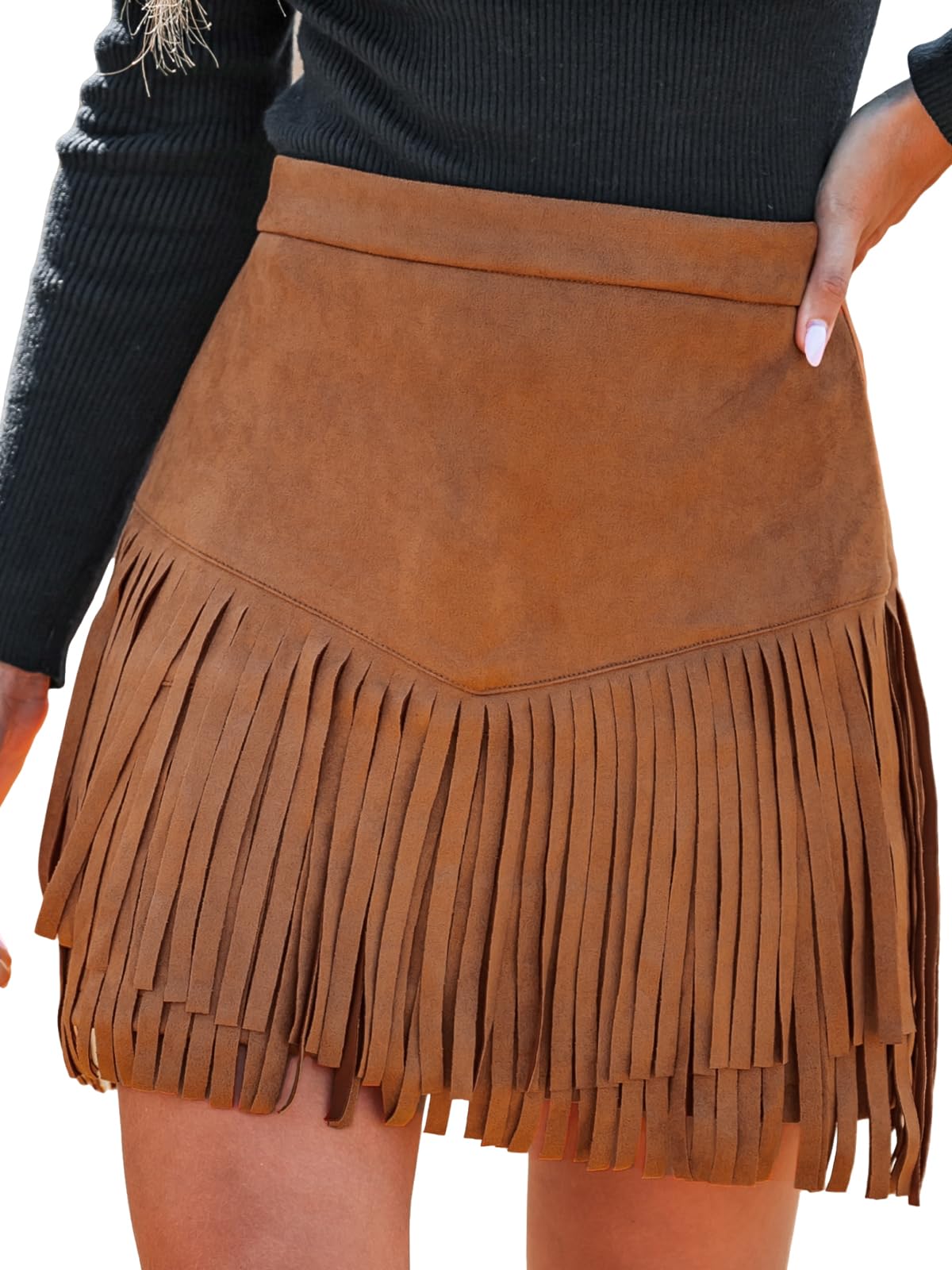 CUPSHE Minigonna da donna in terracotta a vita alta con frange casual aderente a trapezio da ufficio matita da donna