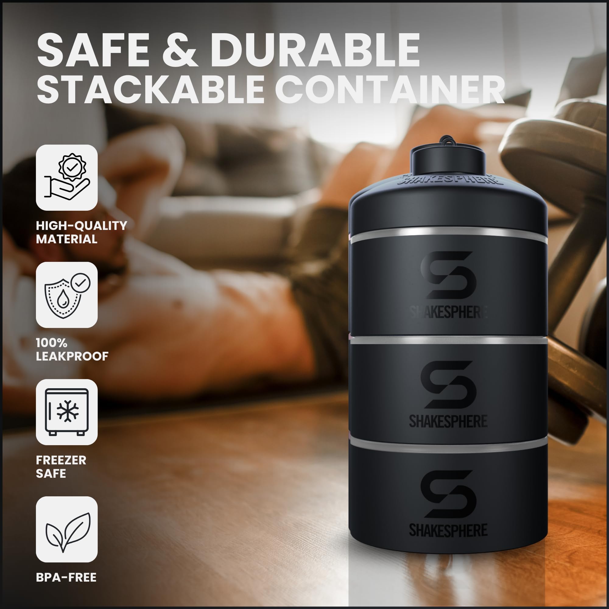 ShakeSphere Conteneurs empilables – Organiseur pour collations, poudres de protéines, Noix et suppléments – 3 Supports Anti-Fuite – Rangement Portable pour Bureau, Salle de Sport et Voyage (givré)