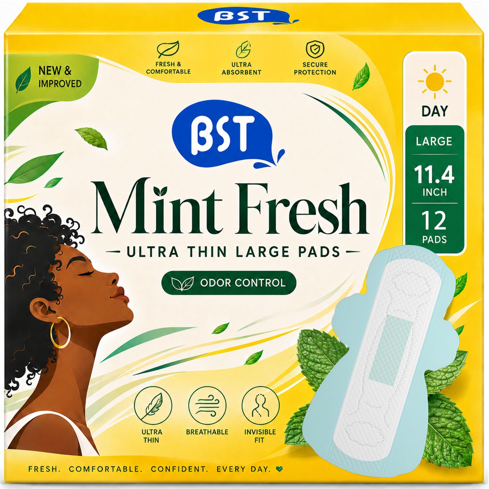 BST Mint Fresh Period Pads with Wings, Large Heavy Flow, Ultra Thin, 12 CT