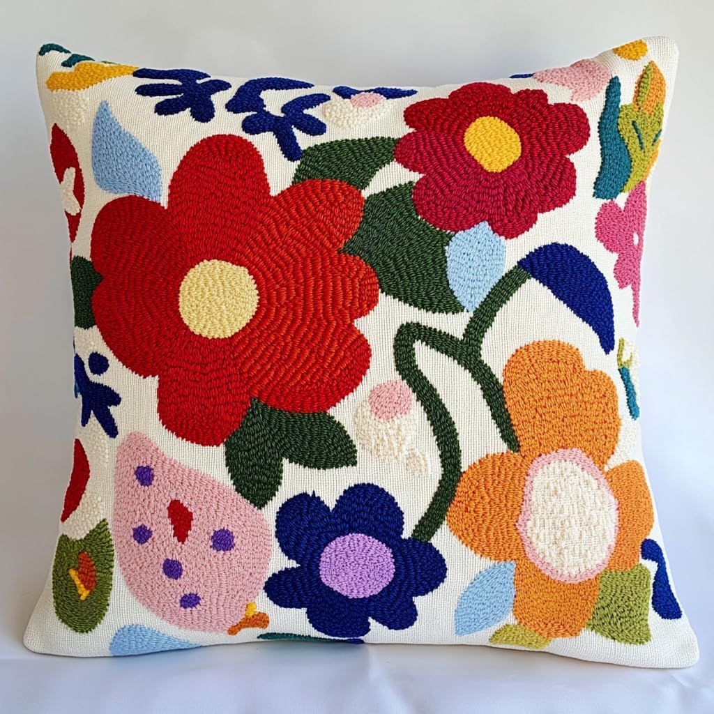 DIY Punch Needle Pillow Kit Strawberry and Flowers with Pattern and Hoop Handmade Embroidery Punch Needle Starter Pillowcase Set for Home Sofa Decor 43x43cm-1-4