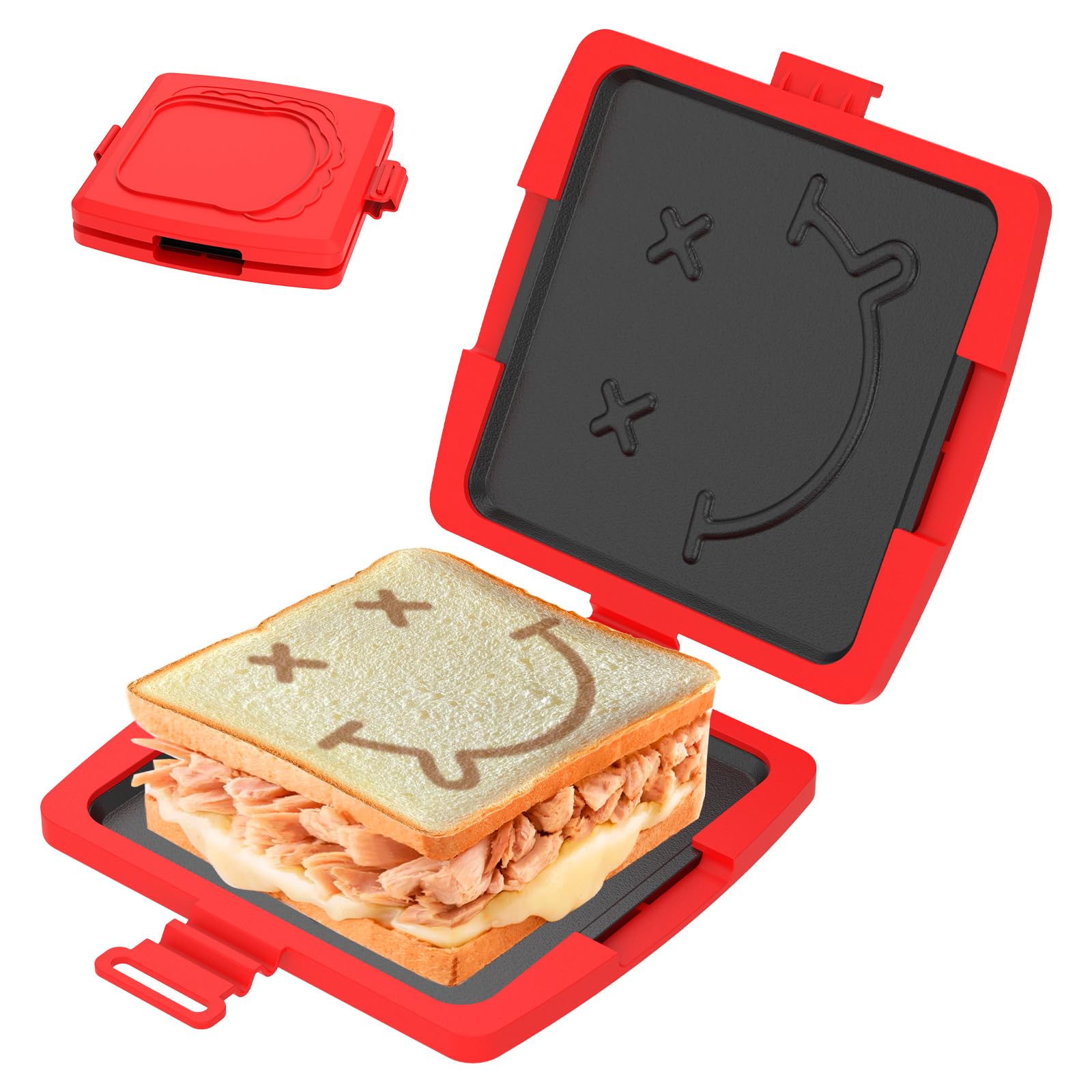 Microwave Toastie Sandwich Maker with Adjustable Silicone Straps Wireless Toastie Maker Nonstick Plate Heatwave Technology Sandwich Toaster for Cooking Delicious Crispy Sandwiches (B-Red)